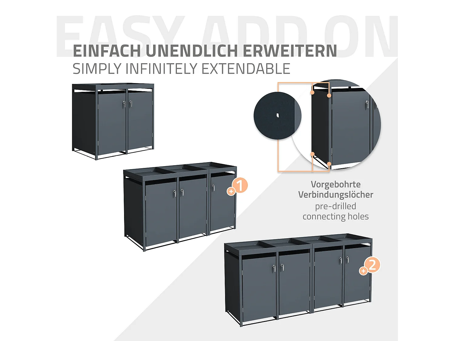 Abri pour 2 poubelles 132x80x124 cm capacité de 60L à 240L anthracite en acier avec toit pour plantes verrouillable 2 portes résistant aux intempéries