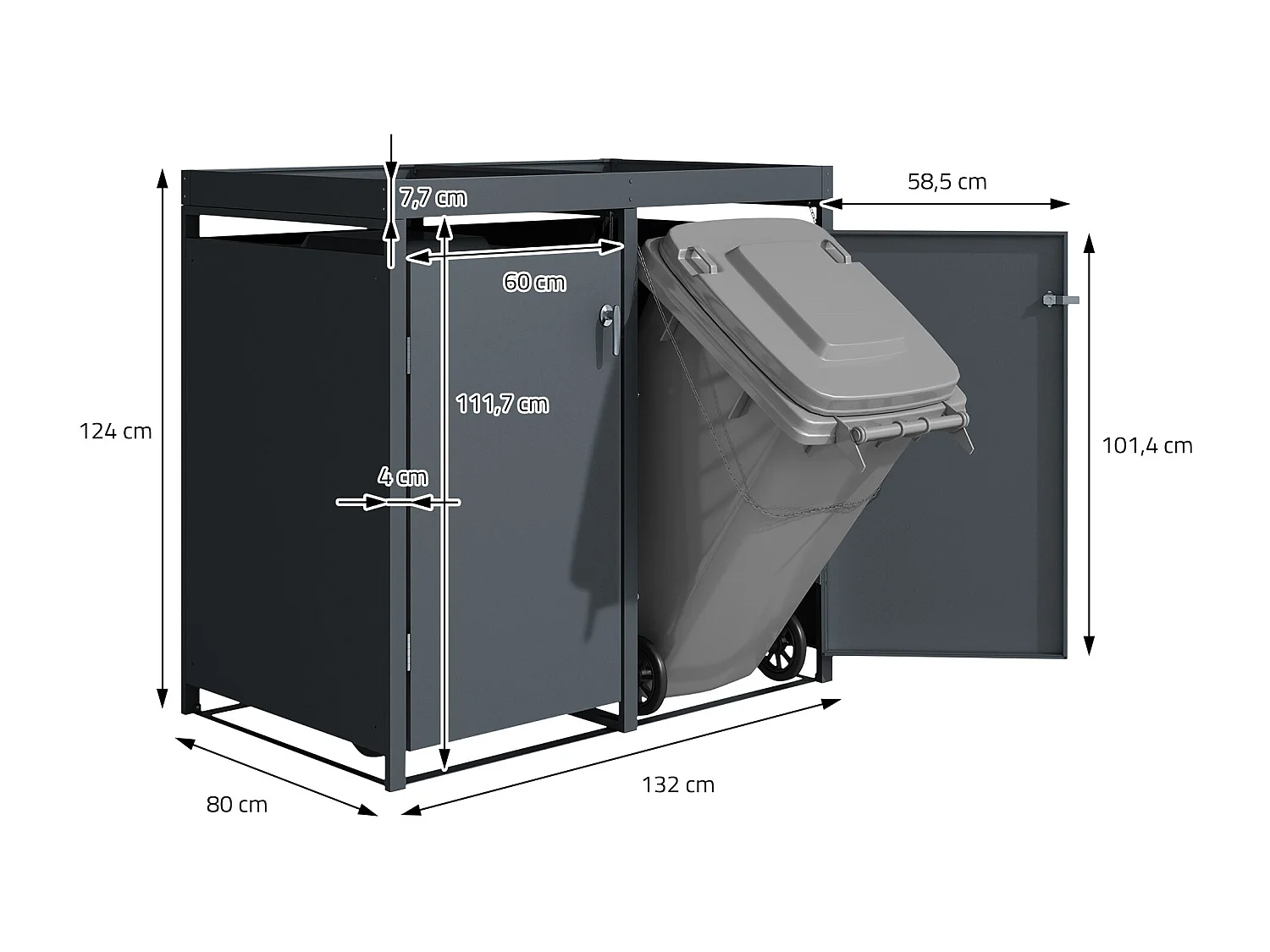 Abri pour 2 poubelles 132x80x124 cm capacité de 60L à 240L anthracite en acier avec toit pour plantes verrouillable 2 portes résistant aux intempéries