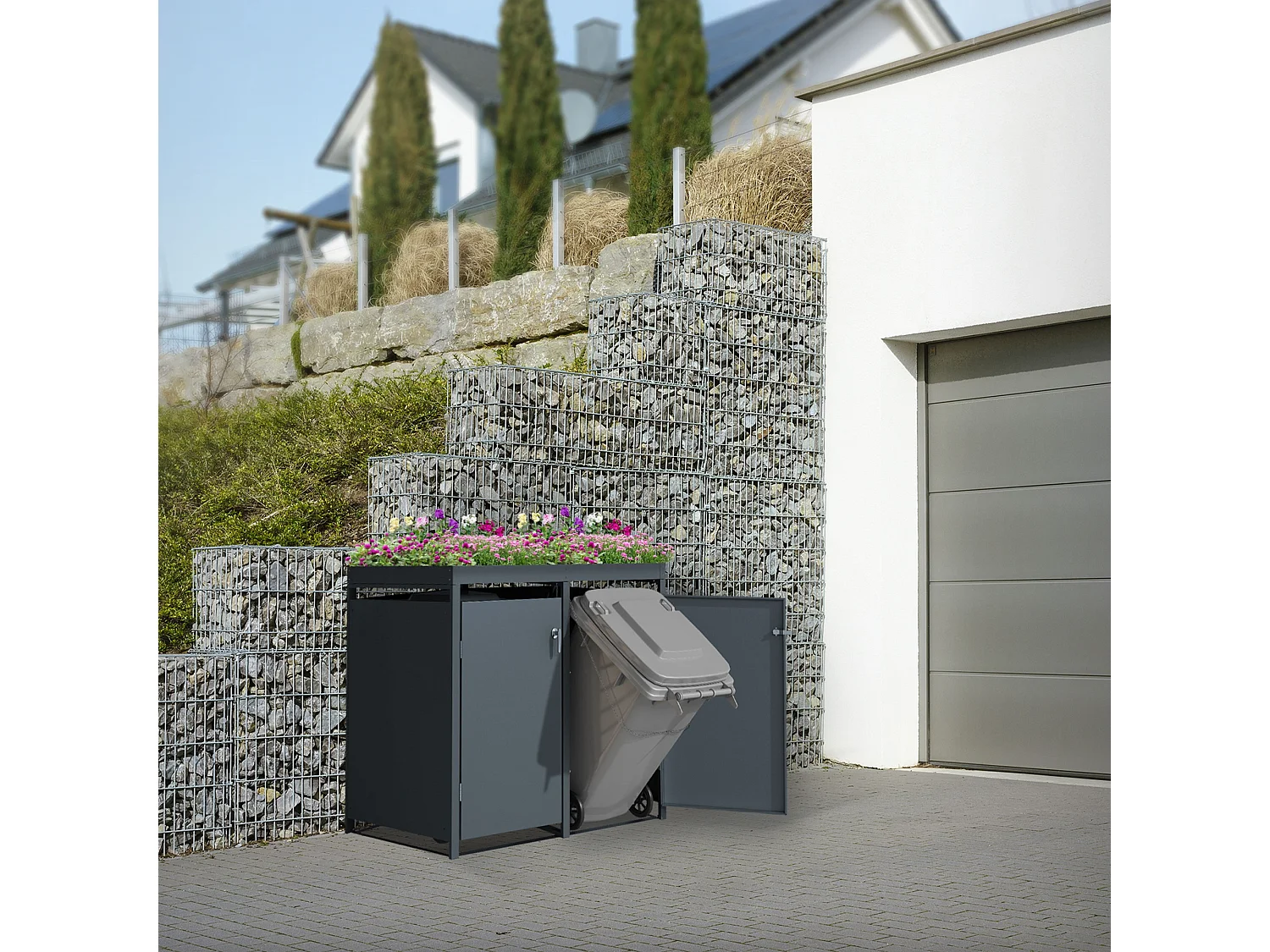 Abri pour 2 poubelles 132x80x124 cm capacité de 60L à 240L anthracite en acier avec toit pour plantes verrouillable 2 portes résistant aux intempéries
