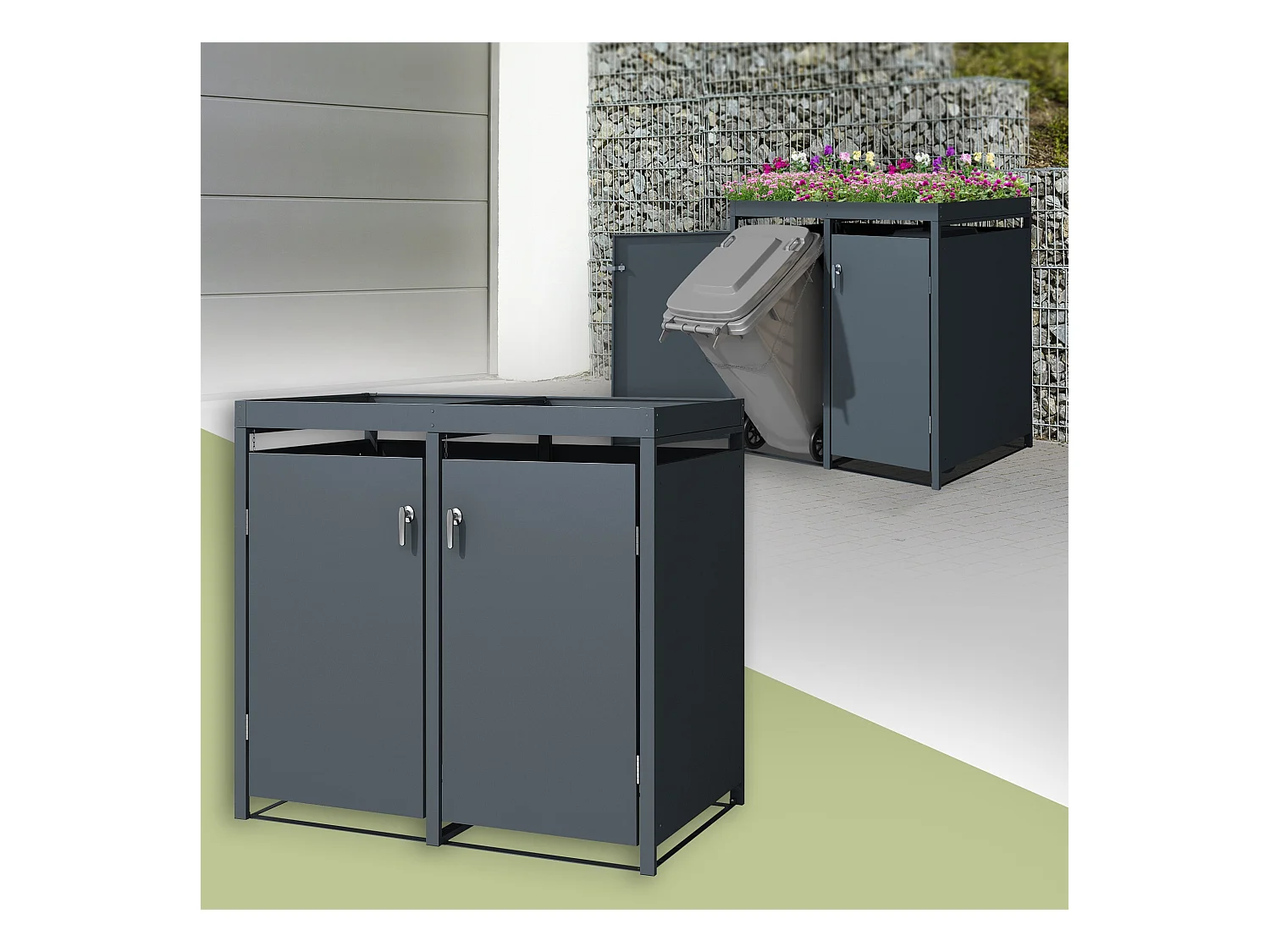 Abri pour 2 poubelles 132x80x124 cm capacité de 60L à 240L anthracite en acier avec toit pour plantes verrouillable 2 portes résistant aux intempéries