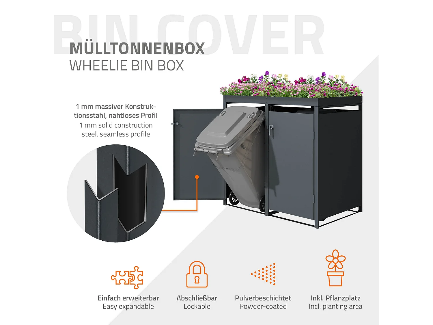 ML-Design Copribidoni per 2 bidoni da spazzatura 240L 132x80x124 cm antracite acciaio resistente alle intemperie contenitore per rifiuti con fioriera
