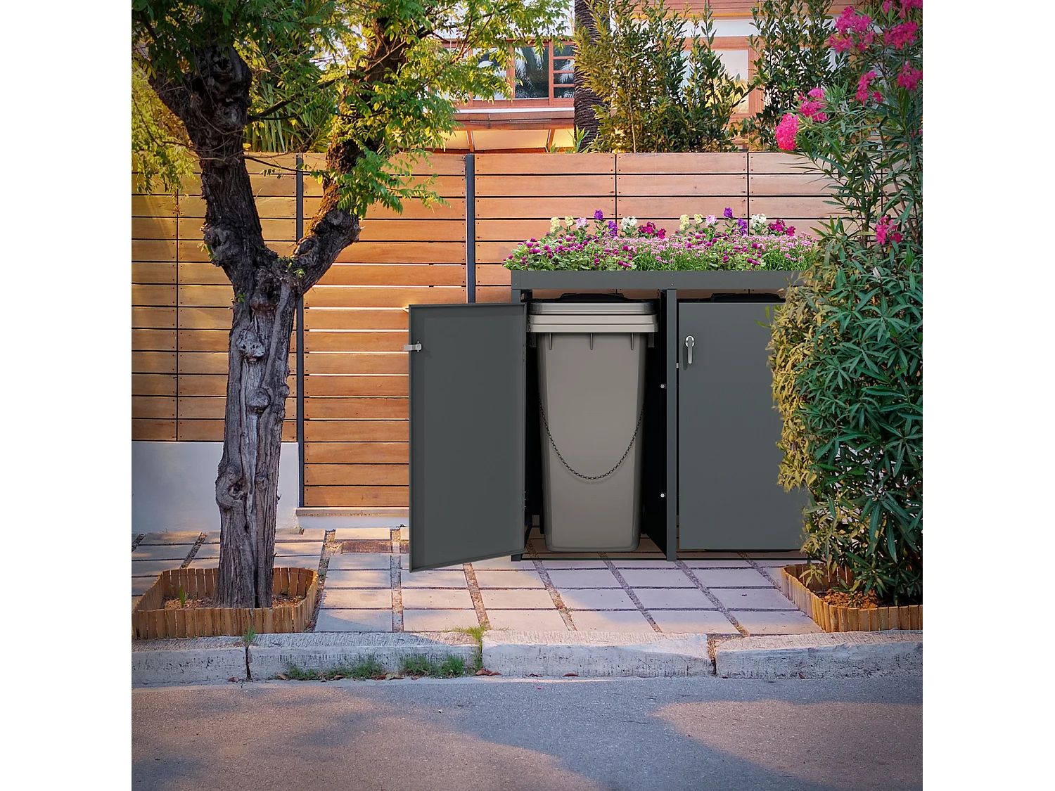 ML-Design Copribidoni per 2 bidoni da spazzatura 240L 132x80x124 cm antracite acciaio resistente alle intemperie contenitore per rifiuti con fioriera