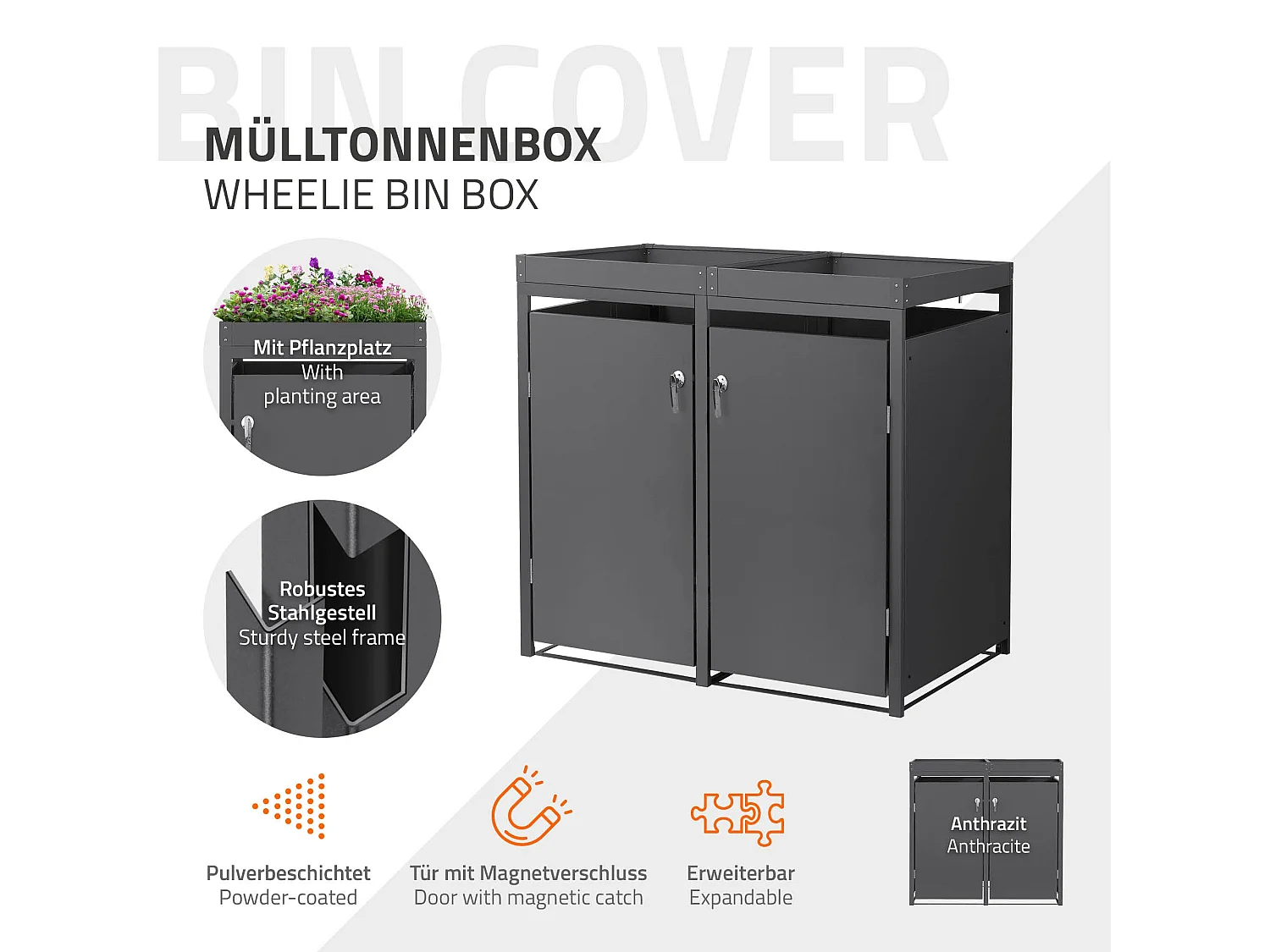 ML-Design Copribidoni per 2 bidoni da spazzatura 240L 132x80x124 cm antracite acciaio resistente alle intemperie contenitore per rifiuti con fioriera