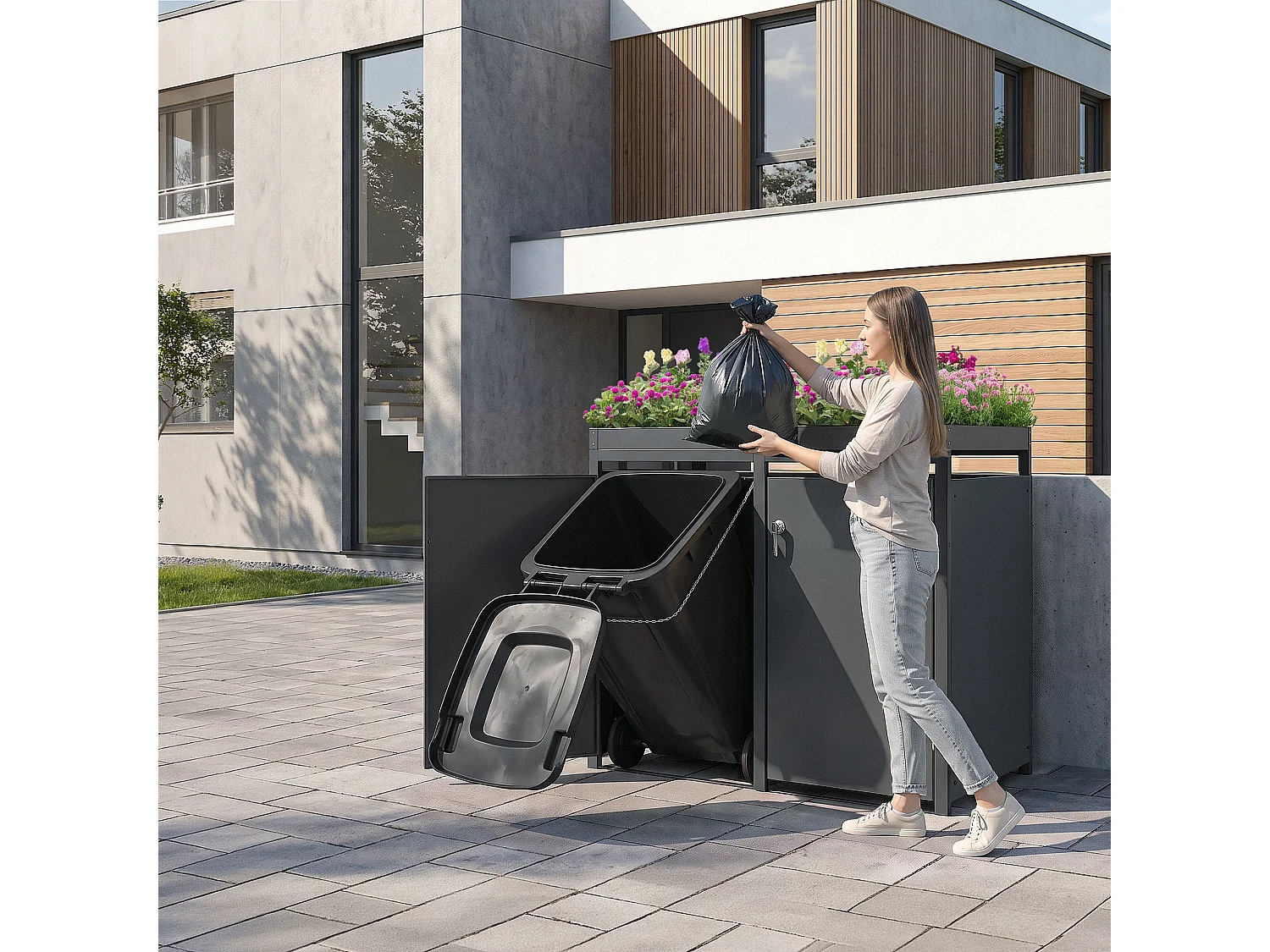 ML-Design Copribidoni per 2 bidoni da spazzatura 240L 132x80x124 cm antracite acciaio resistente alle intemperie contenitore per rifiuti con fioriera