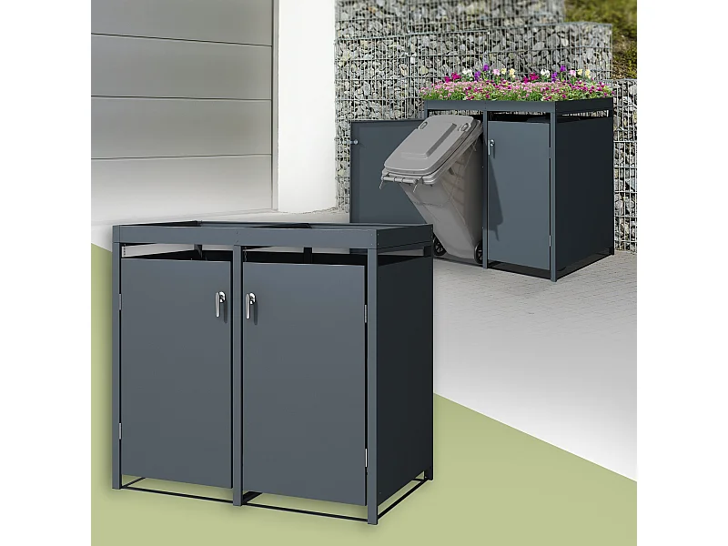 Abri pour 2 poubelles 132x80x124 cm capacité de 60L à 240L anthracite en acier avec toit pour plantes verrouillable 2 portes résistant aux intempéries
