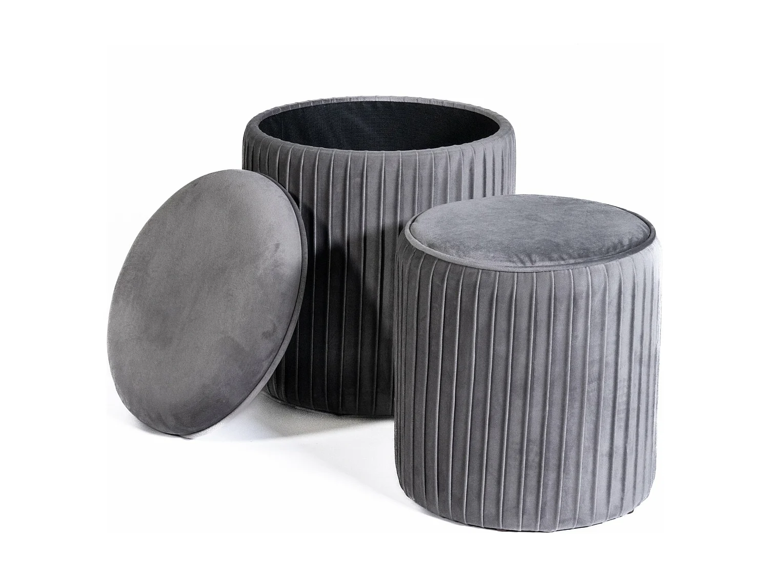 TIK TAK | Set di 2 pouf, contenitore e poggiapiedi in velluto grigio 35x40 cm