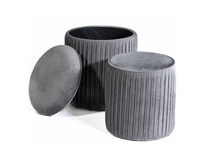 TIK TAK | Set di 2 pouf, contenitore e poggiapiedi in velluto grigio 35x40 cm