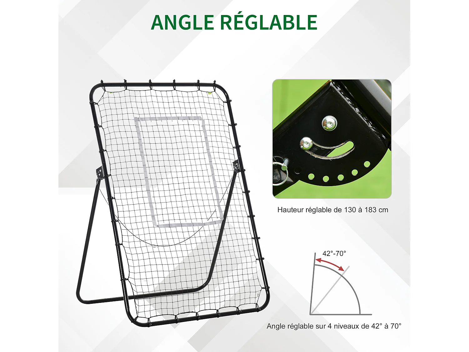 Filet de rebond de football pliable - inclinaison réglable 4 positions hauteur réglable - cible, piquets d'ancrage inclus - filet PE métal époxy noir