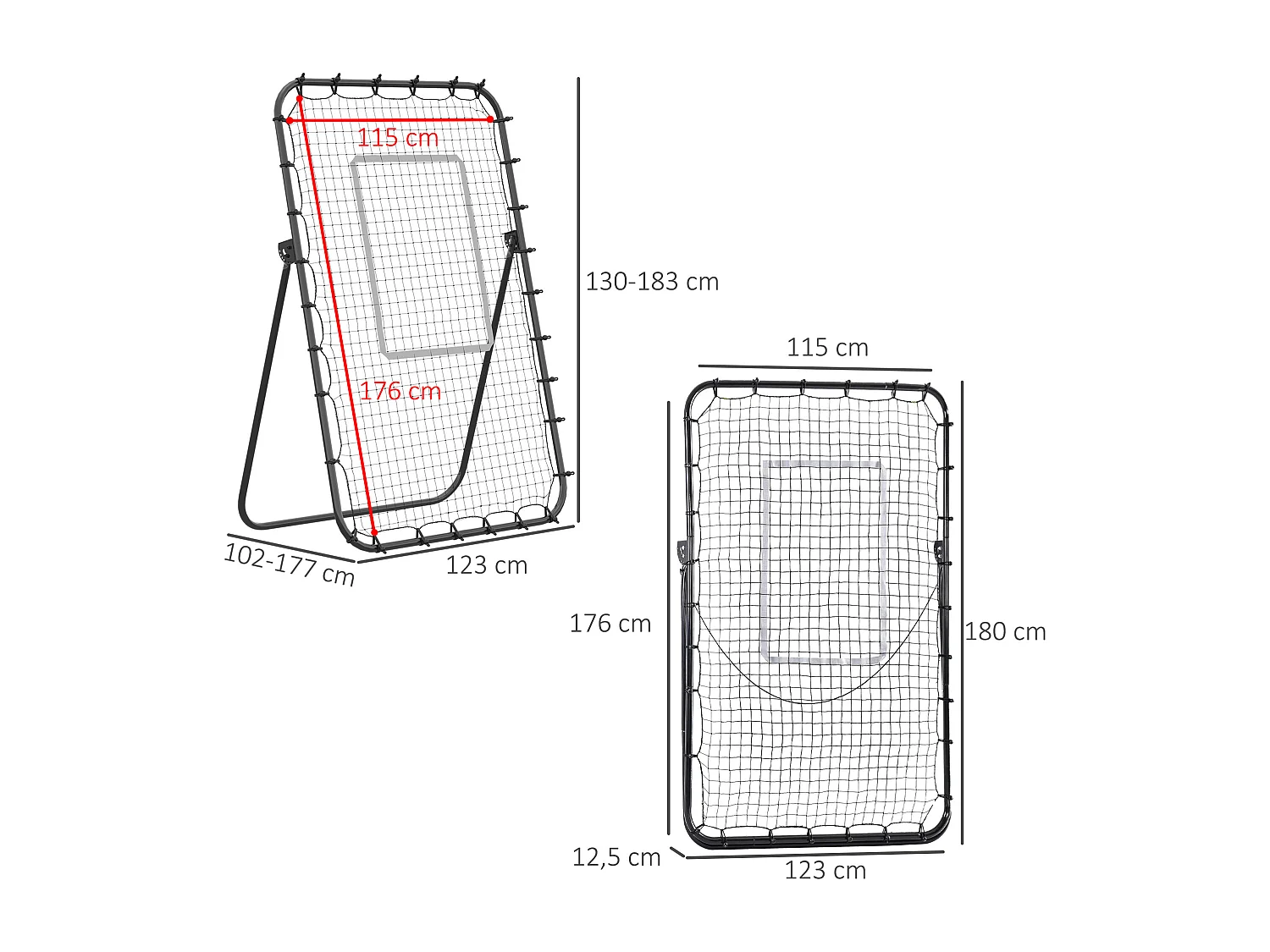 Filet de rebond de football pliable - inclinaison réglable 4 positions hauteur réglable - cible, piquets d'ancrage inclus - filet PE métal époxy noir