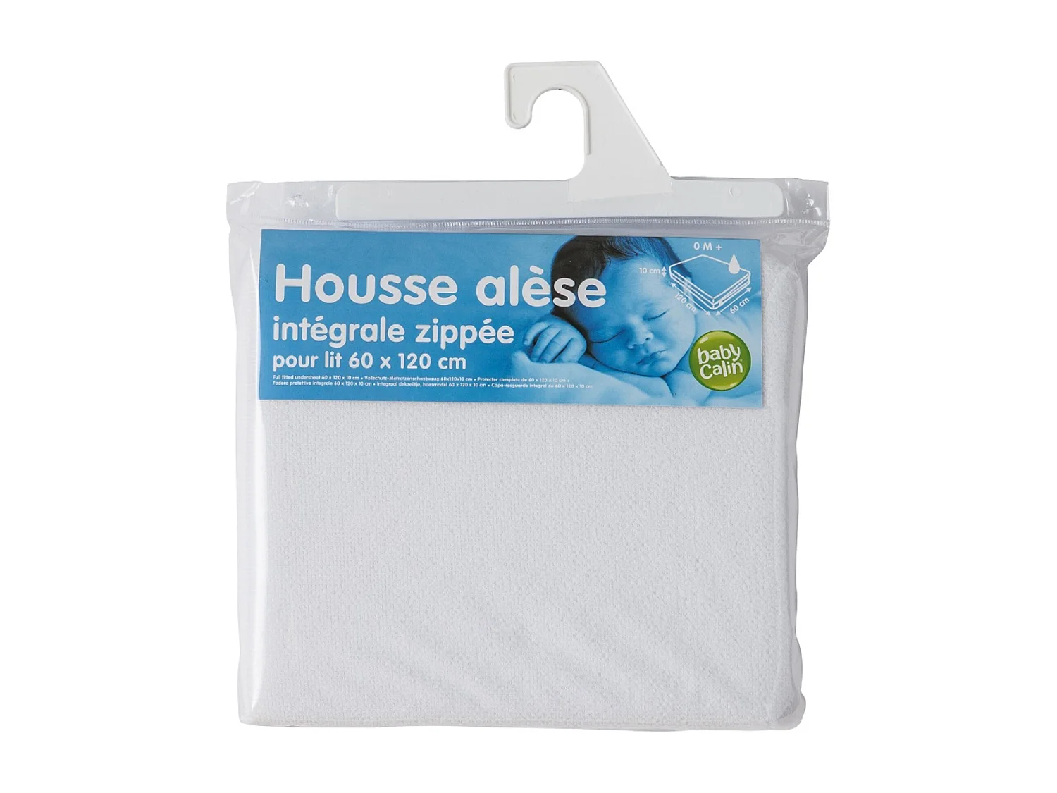 Alèse bébé 60 x 120 cm en avec zippe - 100% polyester imperméable - Blanc