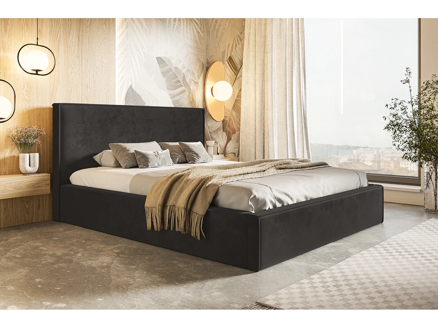 Emporius Lit coffre 160 x 200 Kyoto - Lit adulte avec Sommier à Lattes - lit avec tissu Velvet Noir (Amor Velvet 4322)