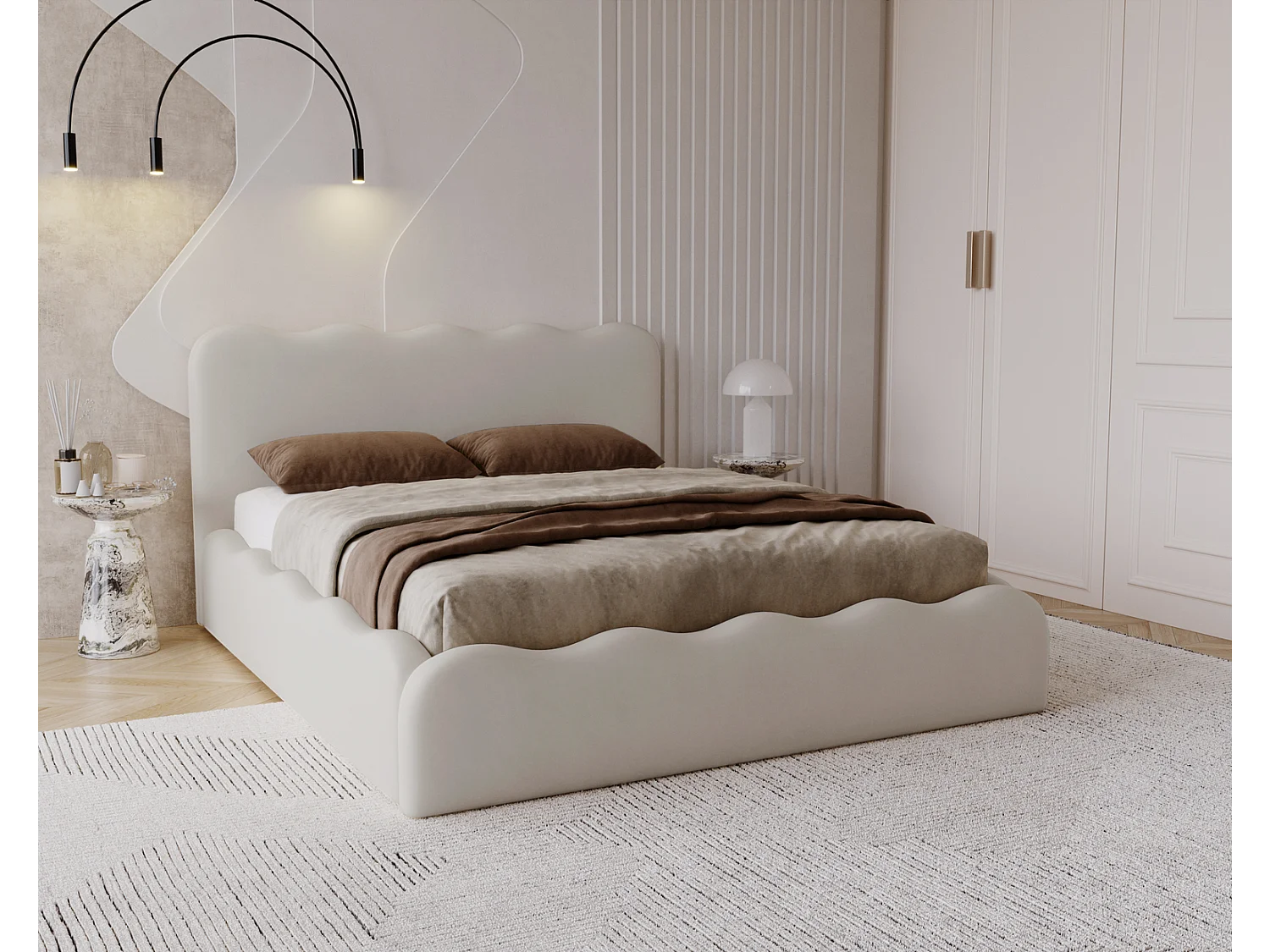 Emporius Wave łóżko dwuosobowe 180x200 cm - łóżko z pojemnikiem, łóżko tapicerowane 180x200 do sypialni - tkanina aksamitna, kremowy (Elegance 1)