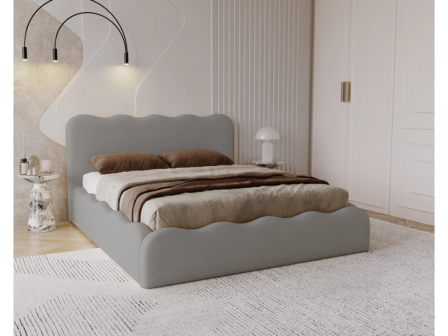 Emporius Polsterbett 200x200 Wave - Doppelbett mit Lattenrost, Bettkasten - Velvet Grau (Elegance 19)