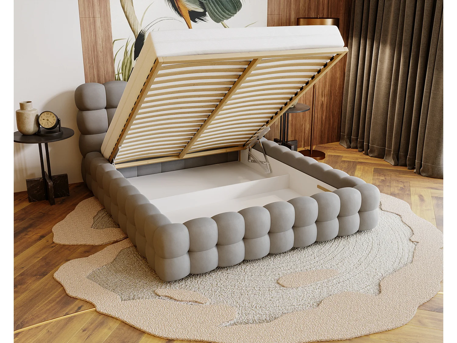Emporius Lit capitoné Parlas Bis - Lit double 200x200 avec Sommier à Lattes, Rangement - tissu Velvet Vert (Amor Velvet 4311)