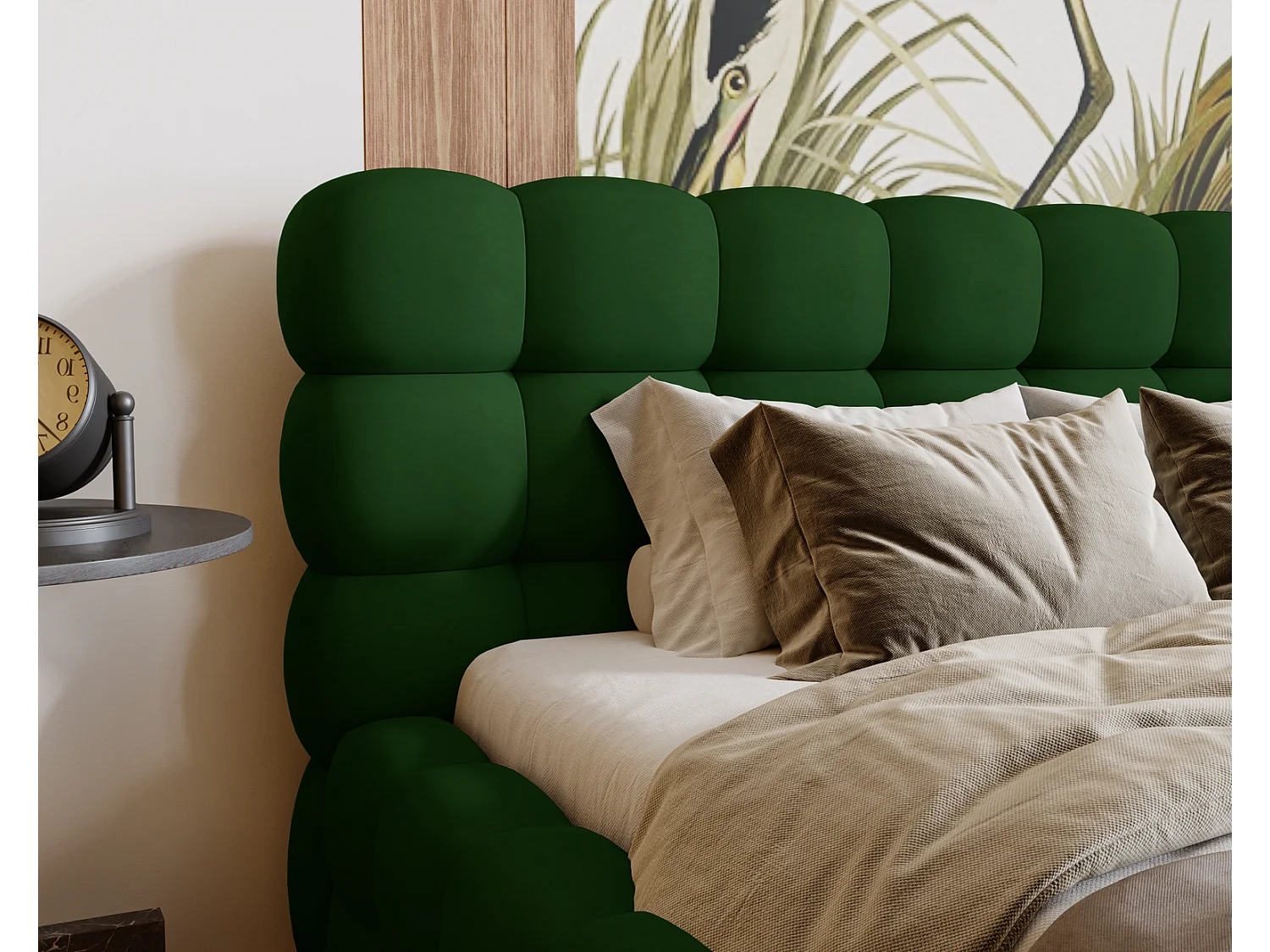 Emporius Lit capitoné Parlas Bis - Lit double 200x200 avec Sommier à Lattes, Rangement - tissu Velvet Vert (Amor Velvet 4311)
