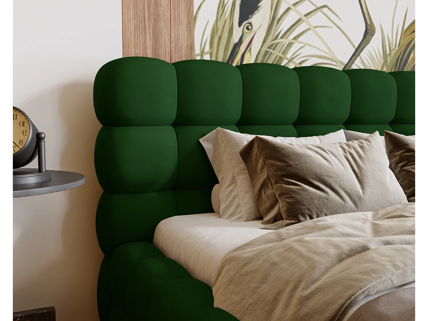 Emporius Lit capitoné Parlas Bis - Lit double 200x200 avec Sommier à Lattes, Rangement - tissu Velvet Vert (Amor Velvet 4311)