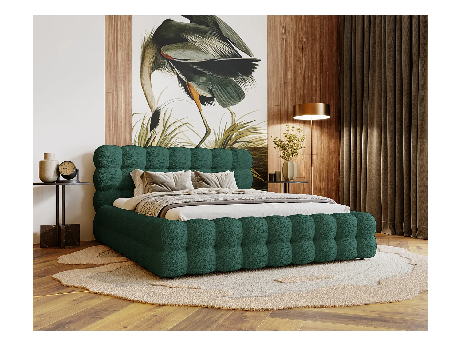 Emporius Lit capitoné Parlas Bis - Lit double 160x200 avec Sommier à Lattes, Rangement - tissu bouclé Vert (Anthology 13)