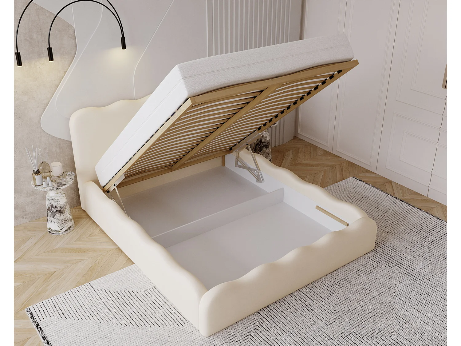 Emporius Gestoffeerd bed 180x200 cm Wave, bed met opbergruimte - Bouclé Donkergrijs (Anthology 18)