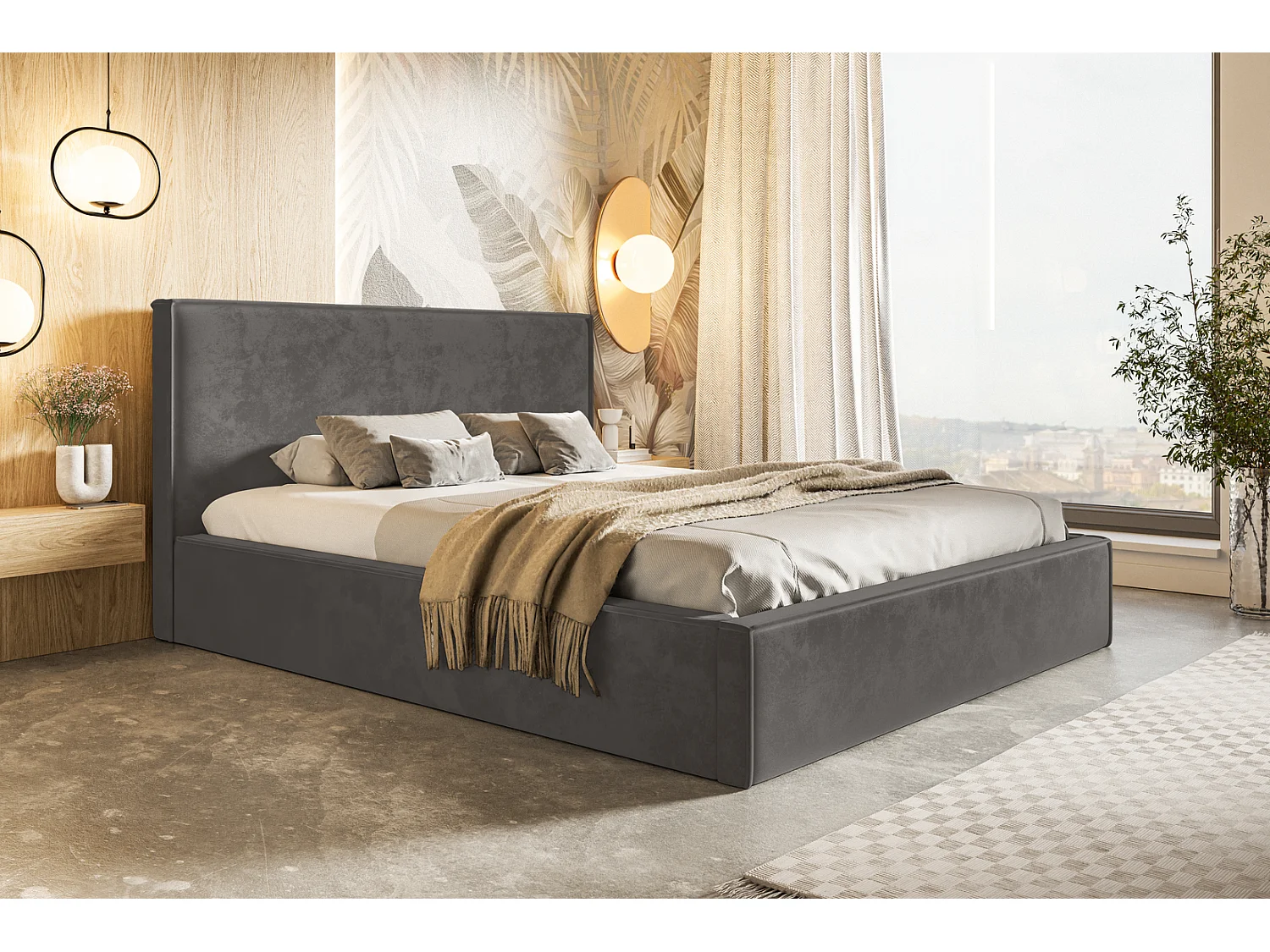 Emporius Lit coffre 180 x 200 Kyoto - Lit adulte avec Sommier à Lattes - lit avec tissu Velvet Gris foncé (Amor Velvet 4321)