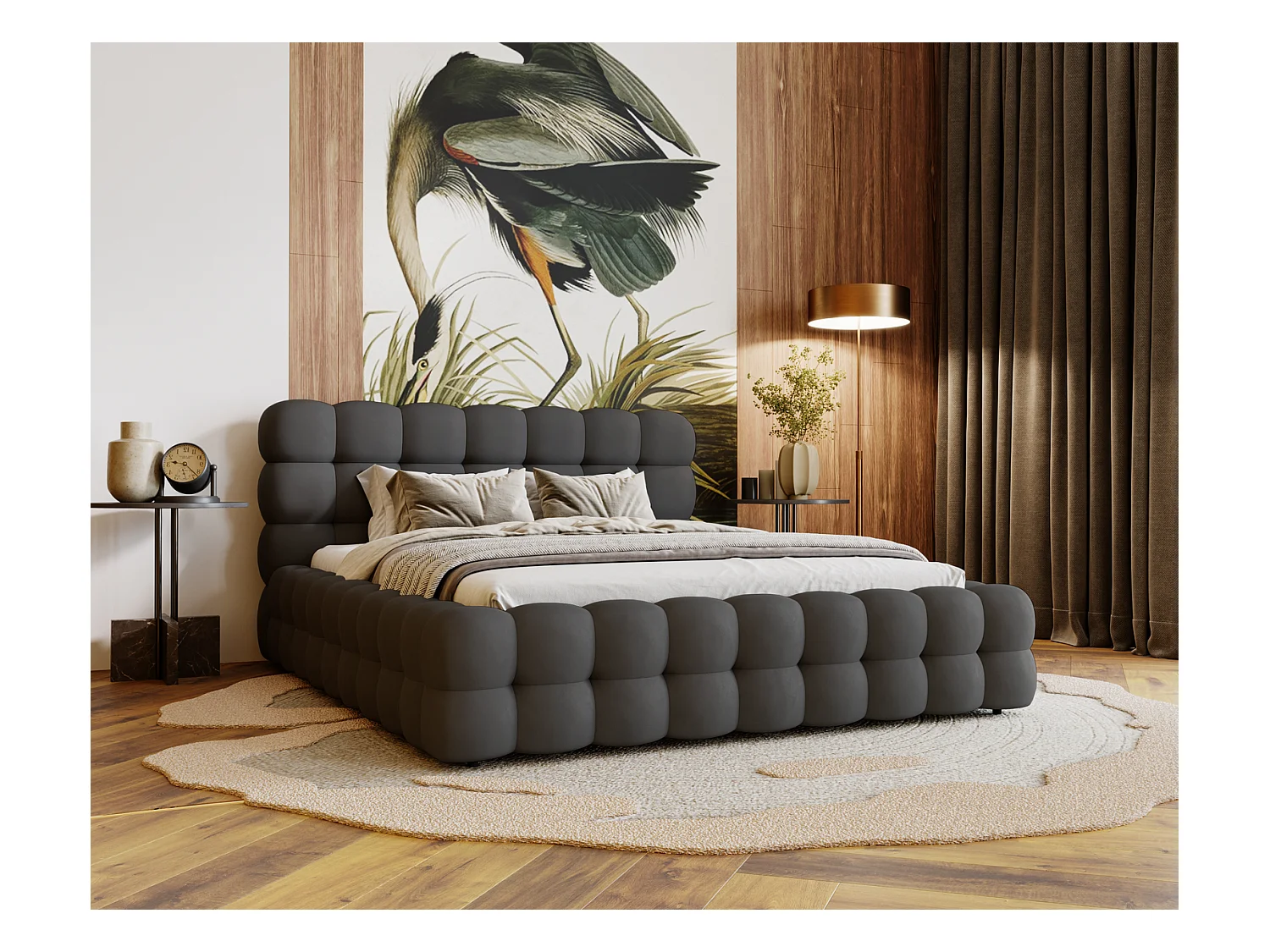 Emporius Lit capitoné Parlas Bis - Lit double 200x200 avec Sommier à Lattes, Rangement - tissu Velvet Gris foncé (Amor Velvet 4321)