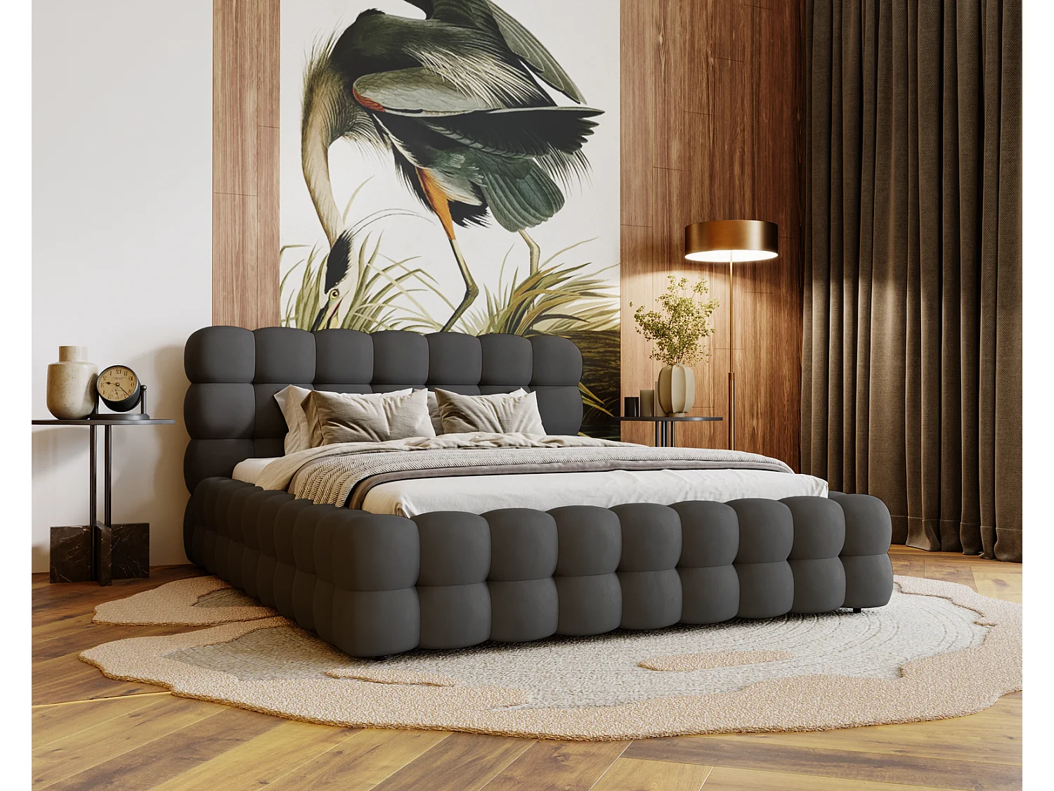 Emporius Lit capitoné Parlas Bis - Lit double 200x200 avec Sommier à Lattes, Rangement - tissu Velvet Gris foncé (Amor Velvet 4321)