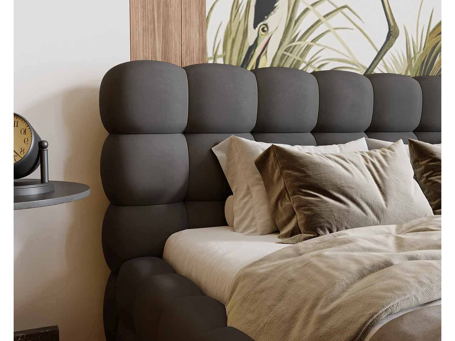 Emporius Lit capitoné Parlas Bis - Lit double 200x200 avec Sommier à Lattes, Rangement - tissu Velvet Gris foncé (Amor Velvet 4321)