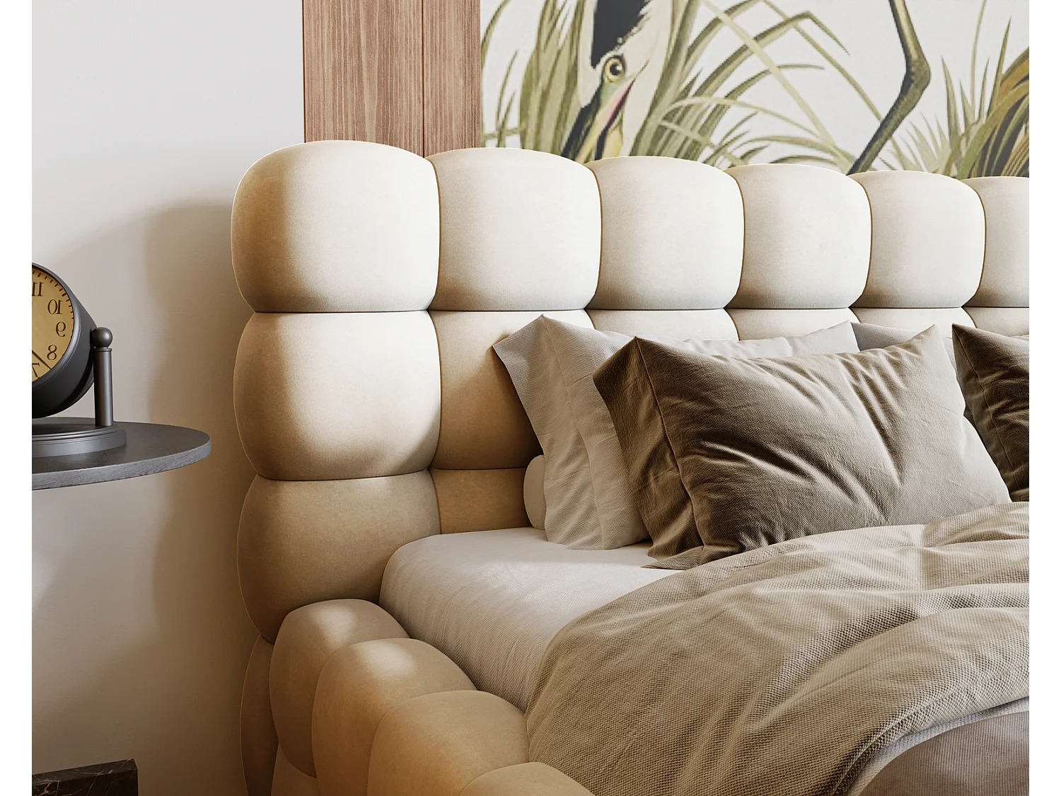 Emporius Lit capitoné Parlas Bis - Lit double 160x200 avec Sommier à Lattes, Rangement - tissu Velvet Beige (Amor Velvet 4323)