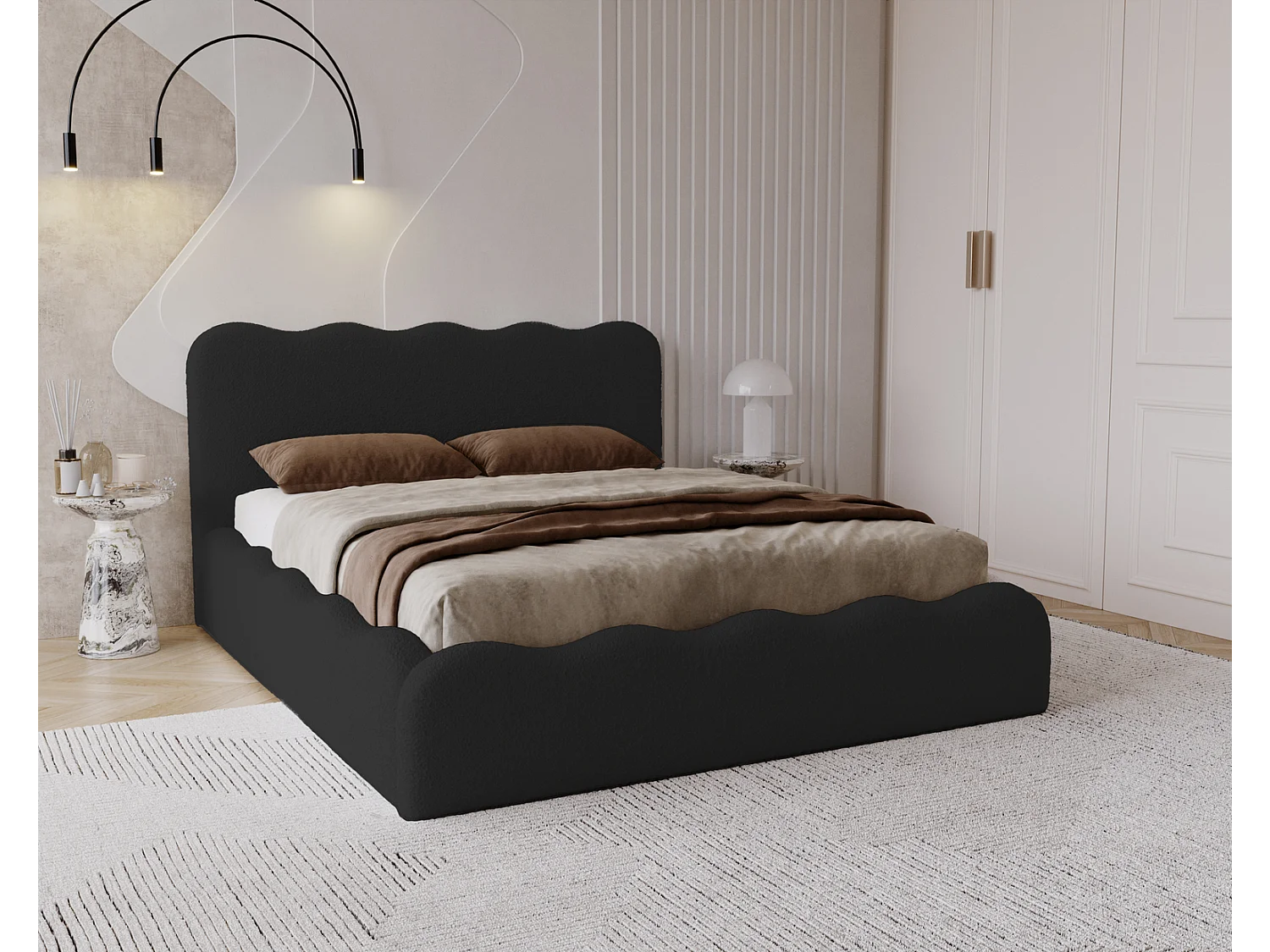 Emporius Gestoffeerd bed 180x200 cm Wave, bed met opbergruimte - Bouclé Zwart (Anthology 19)