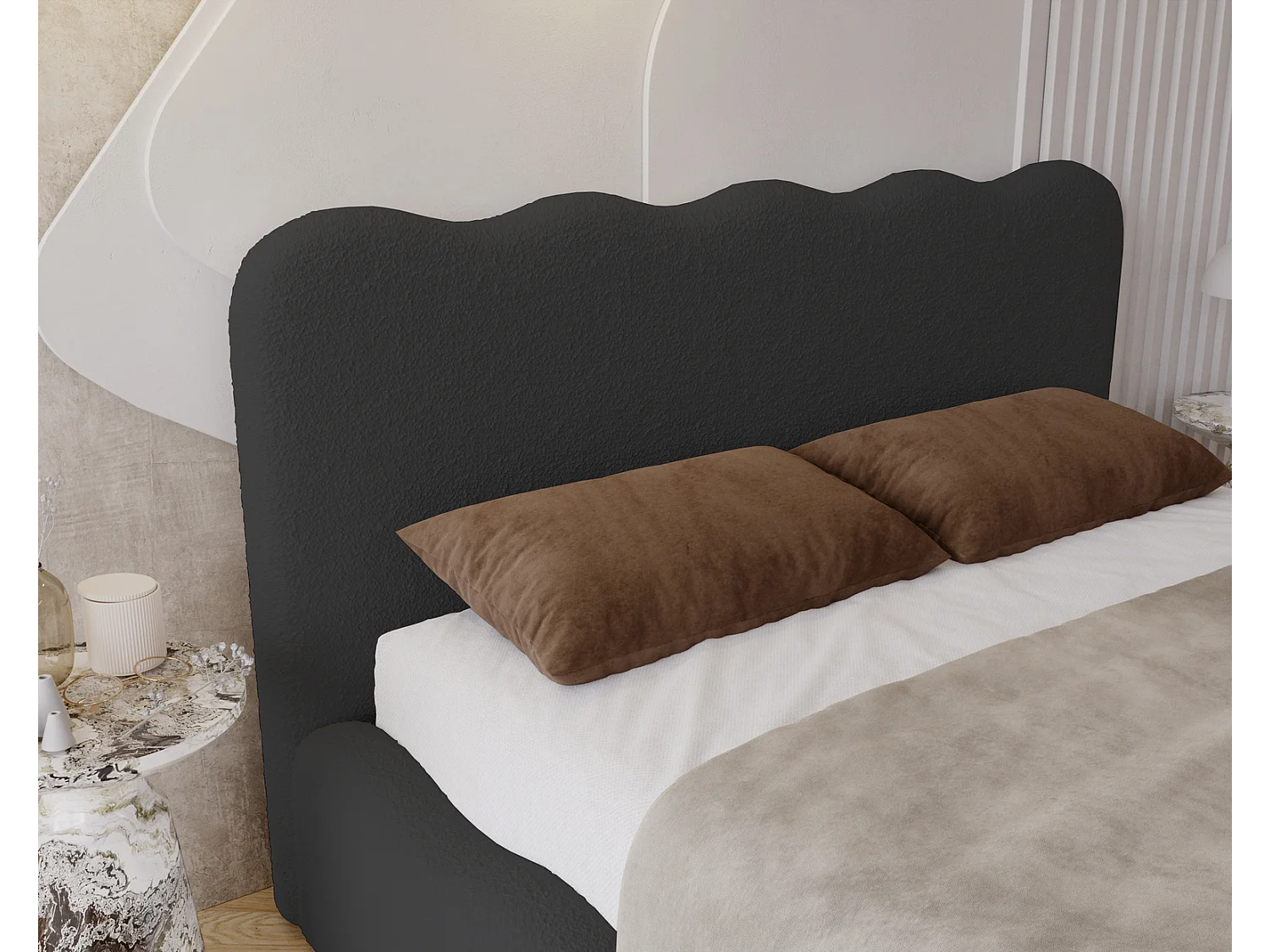 Emporius Gestoffeerd bed 180x200 cm Wave, bed met opbergruimte - Bouclé Zwart (Anthology 19)