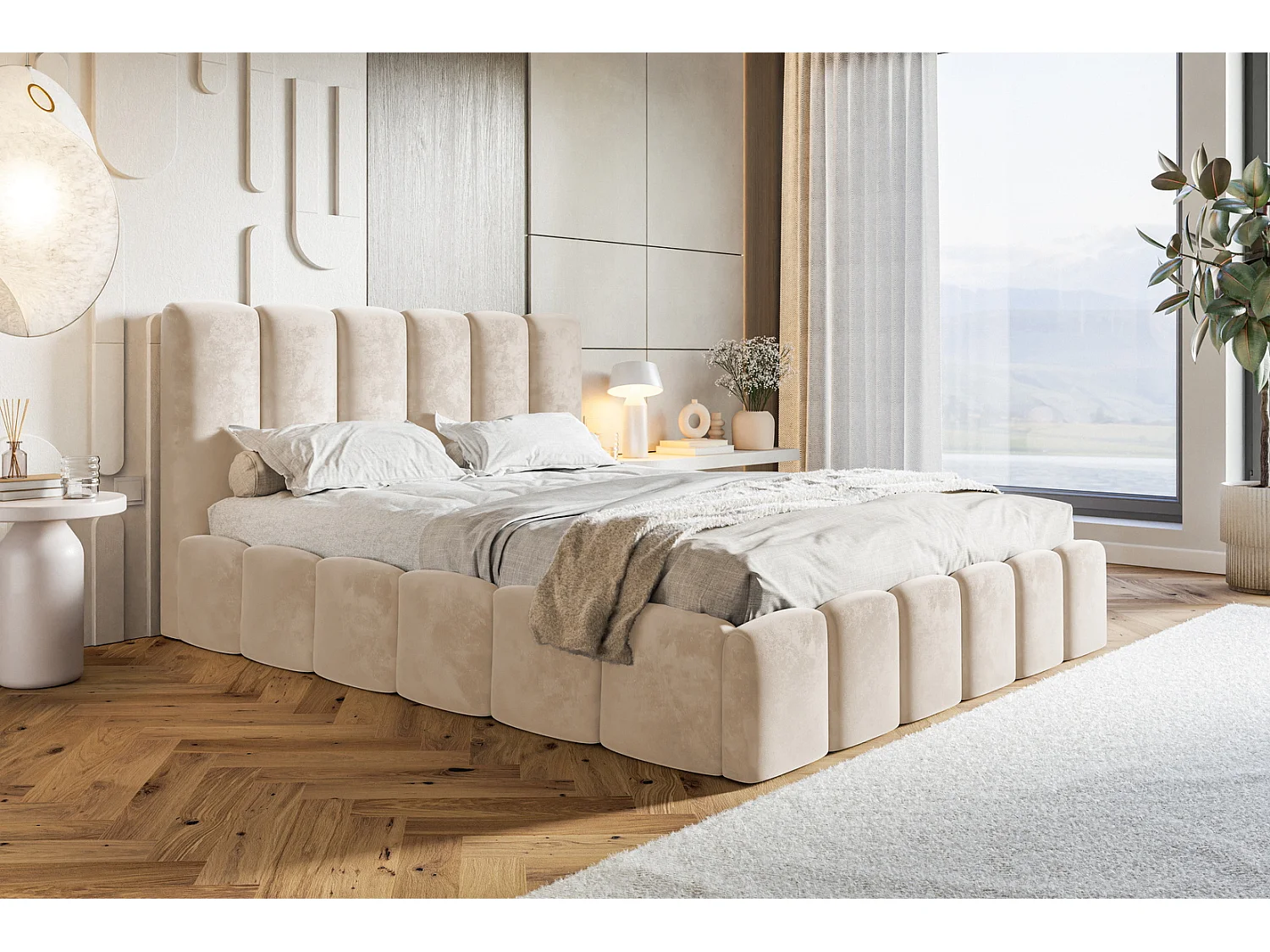 Emporius Gestoffeerd bed met lattenbodem - bed 140x200 Palermo - opbergruimte, fluwelen Beige (Amor Velvet 4304)