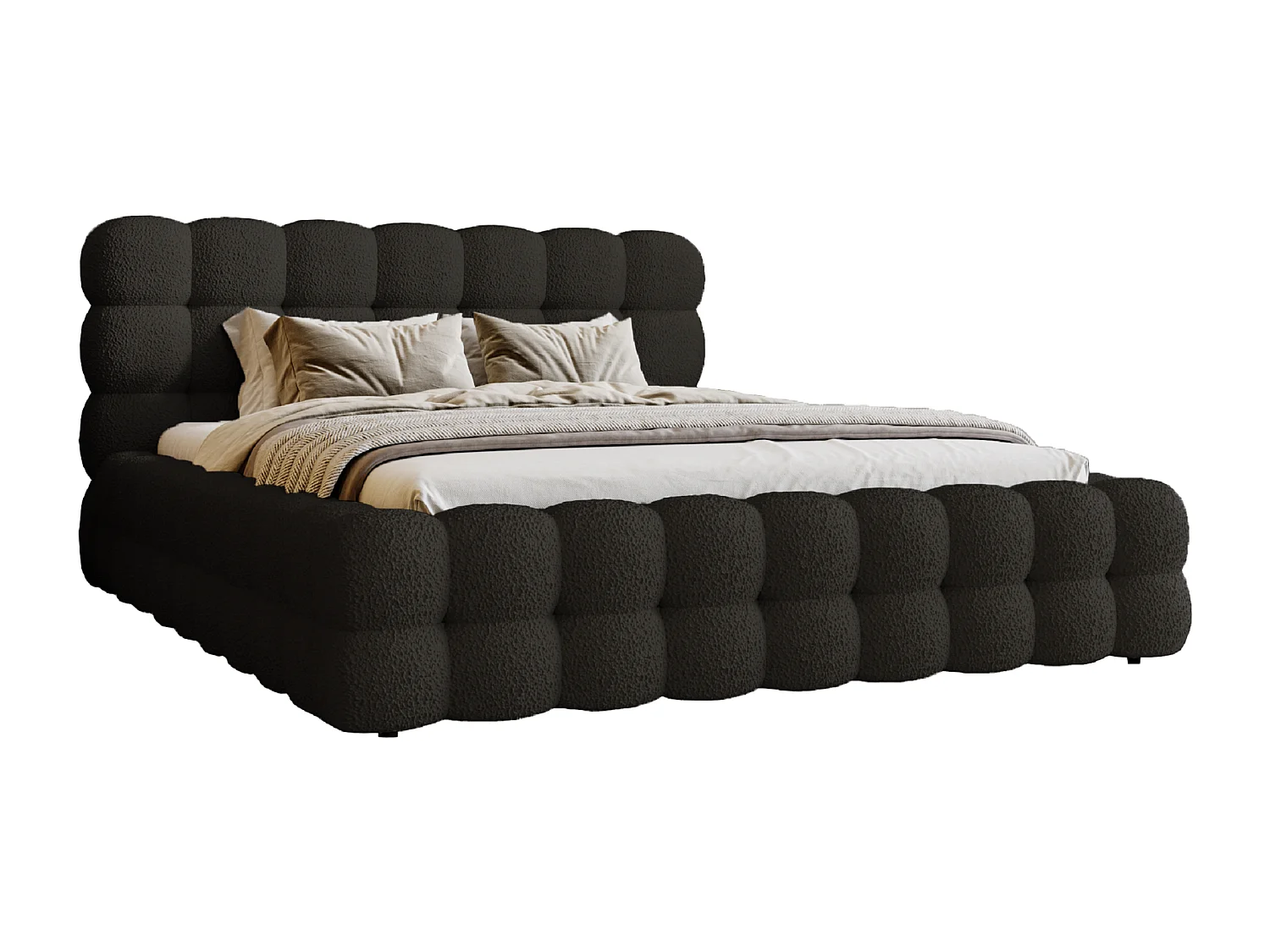 Emporius Lit capitoné Parlas Bis - Lit double 180x200 avec Sommier à Lattes, Rangement - tissu bouclé Noir (Anthology 19)