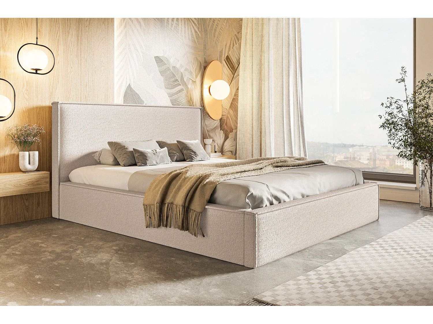 Emporius Lit coffre 140 x 200 Kyoto - Lit adulte avec Sommier à Lattes - lit avec tissu bouclé Beige (Anthology 3)