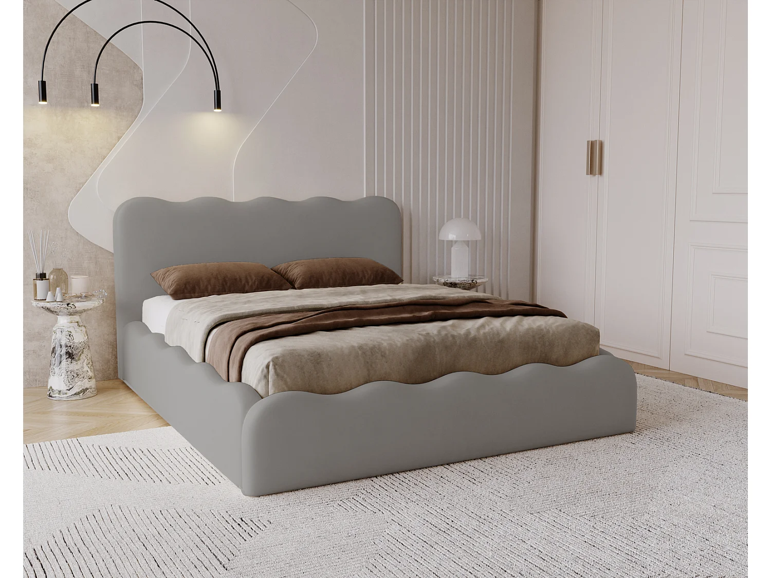 Emporius Lit avec Rangement, Lit double 160 x 200 cm Wave, Lit Gris (Elegance 19)