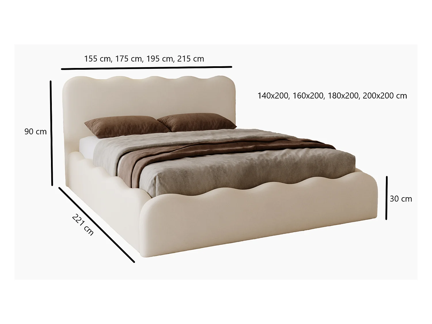 Emporius Lit avec Rangement, Lit double 140 x 200 cm Wave, Lit bouclé Schwarz (Anthology 19)