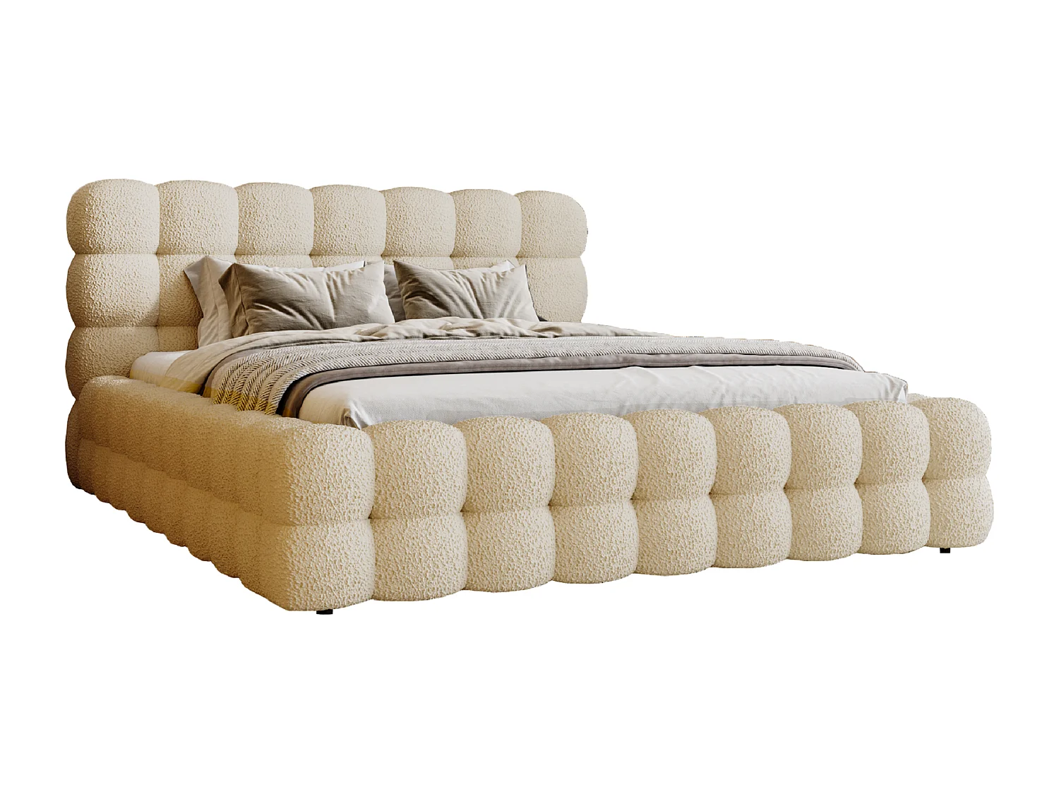 Emporius Lit capitoné Parlas Bis - Lit double 200x200 avec Sommier à Lattes, Rangement - tissu bouclé Beige (Anthology 3)