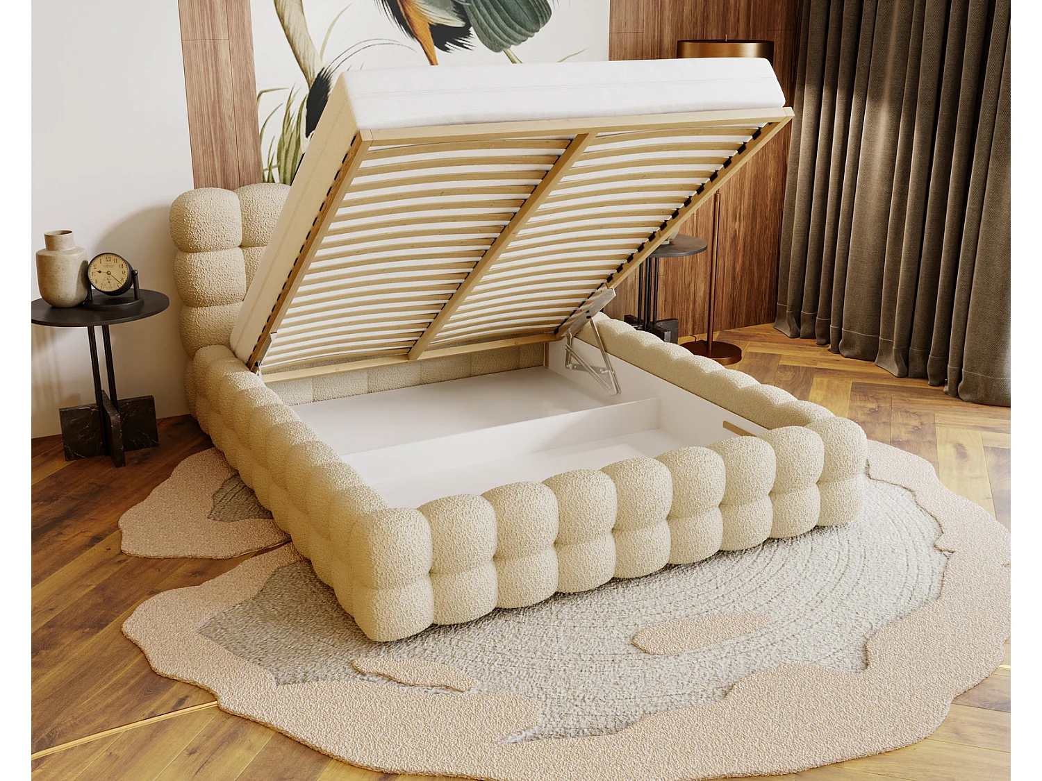 Emporius Lit capitoné Parlas Bis - Lit double 200x200 avec Sommier à Lattes, Rangement - tissu bouclé Gris foncé (Anthology 18)