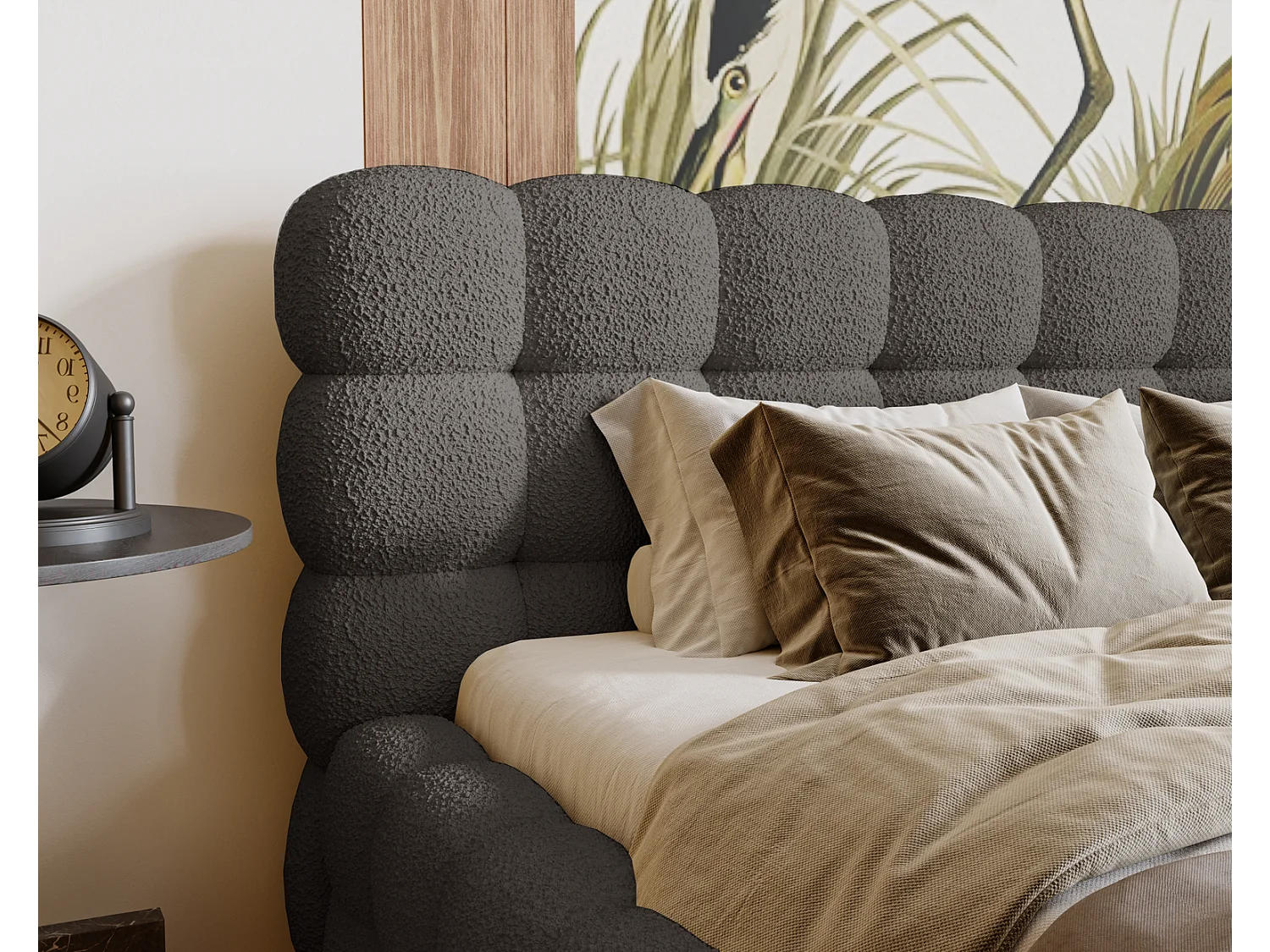 Emporius Parlas Bis łóżko 200x200 z pojemnikiem, łóżko tapicerowane do sypialni - gruba pianka, stelaż, tkanina boucle, ciemny szary (Anthology 18)