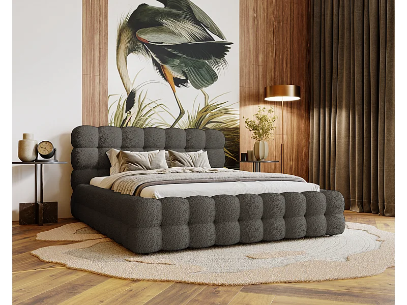 Emporius Lit capitoné Parlas Bis - Lit double 200x200 avec Sommier à Lattes, Rangement - tissu bouclé Gris foncé (Anthology 18)