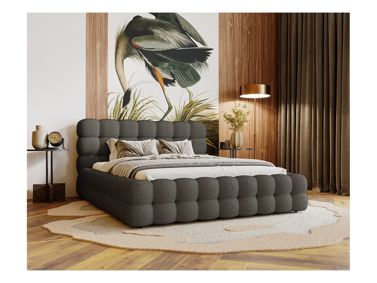 Emporius Lit capitoné Parlas Bis - Lit double 160x200 avec Sommier à Lattes, Rangement - tissu bouclé Gris foncé (Anthology 18)