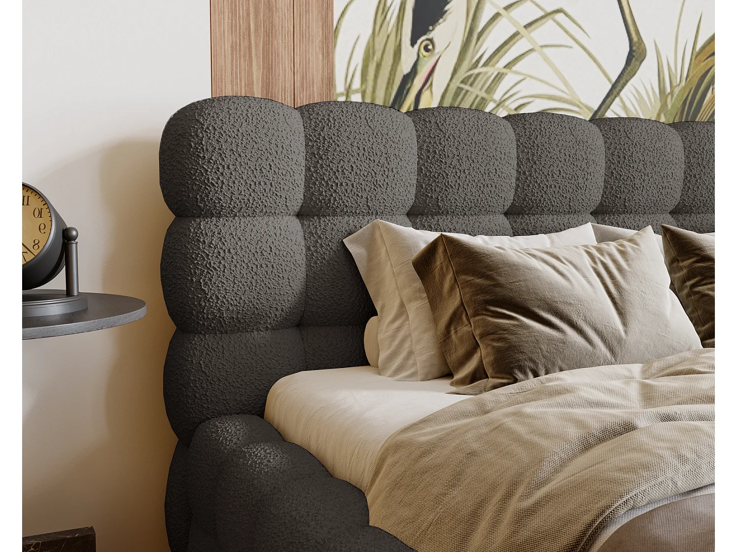 Emporius Gestoffeerd bed 160x200 cm Parlas Bis - luxe bed met met opbergruimte, Bouclé Donkergrijs (Anthology 18)