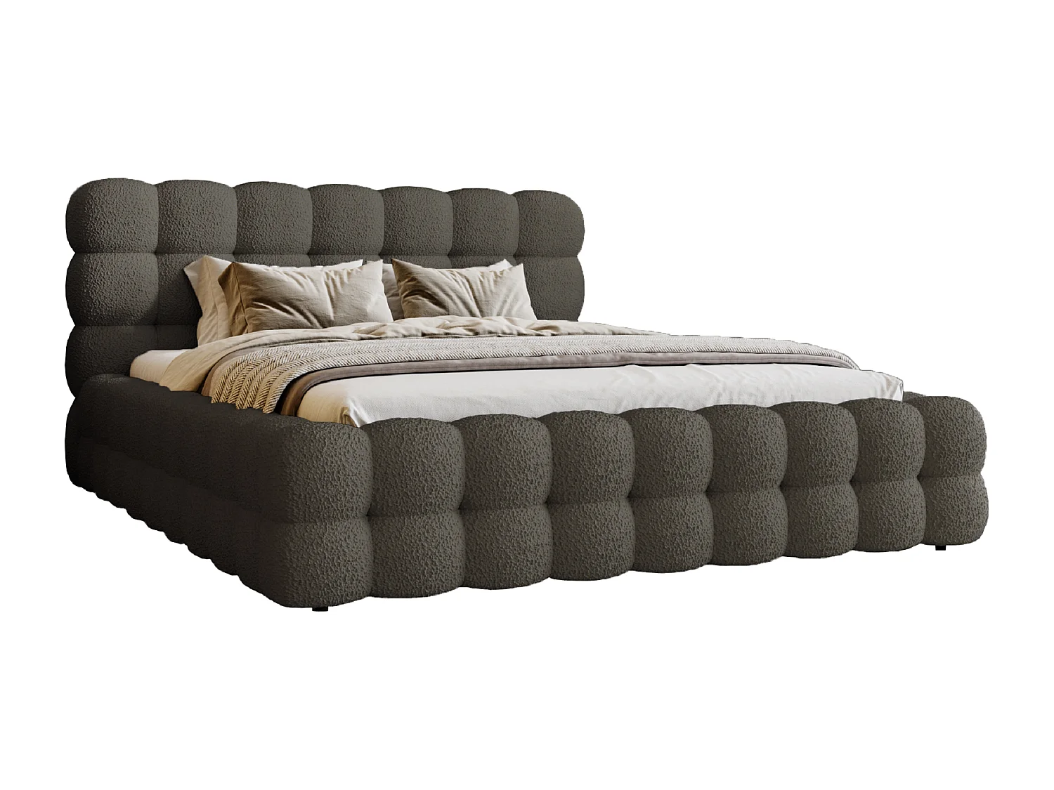 Emporius Lit capitoné Parlas Bis - Lit double 160x200 avec Sommier à Lattes, Rangement - tissu bouclé Gris foncé (Anthology 18)