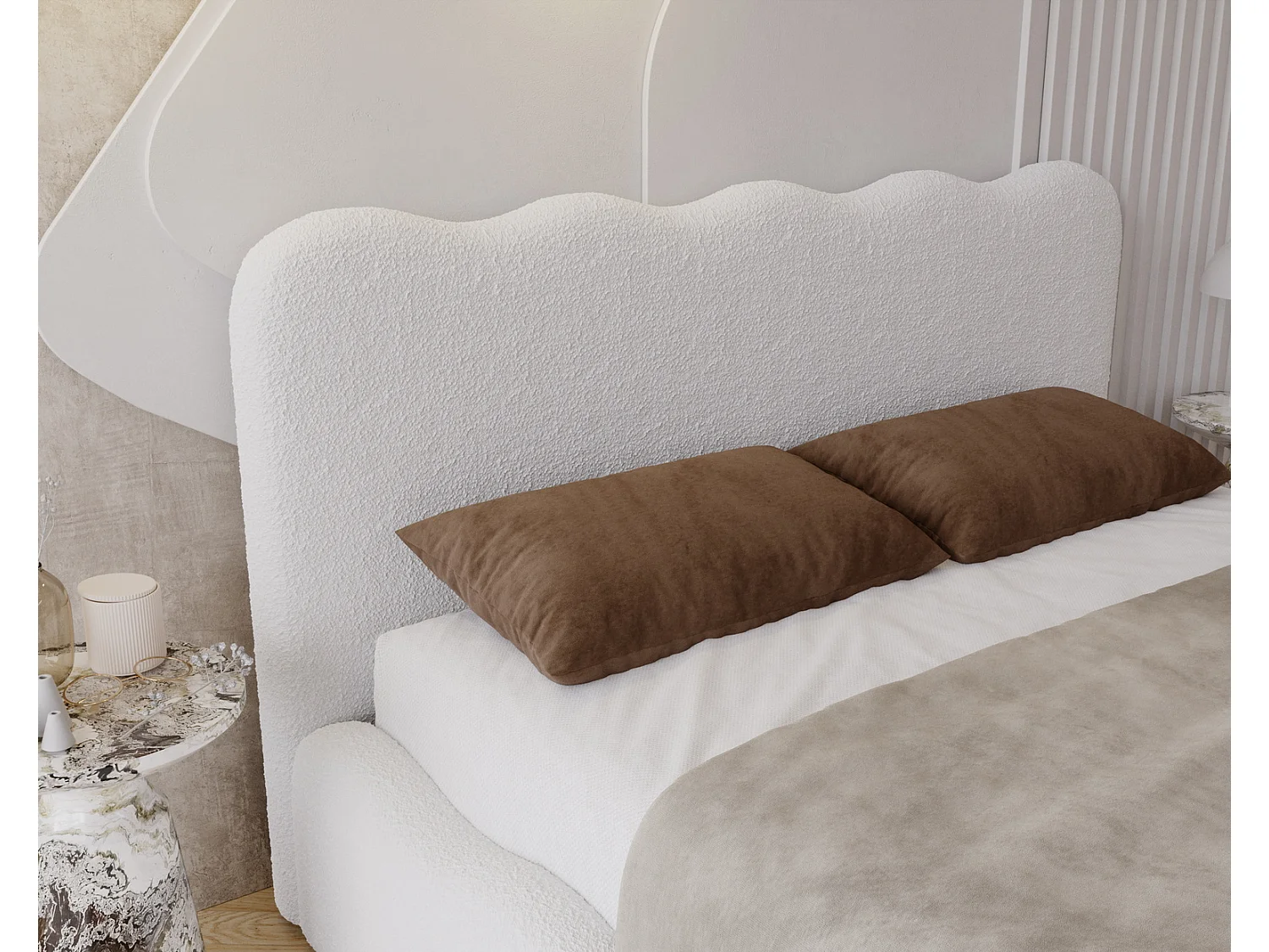 Emporius Polsterbett 140x200 Wave - Doppelbett mit Lattenrost, Bettkasten - Bouclé Creme (Anthology 1)