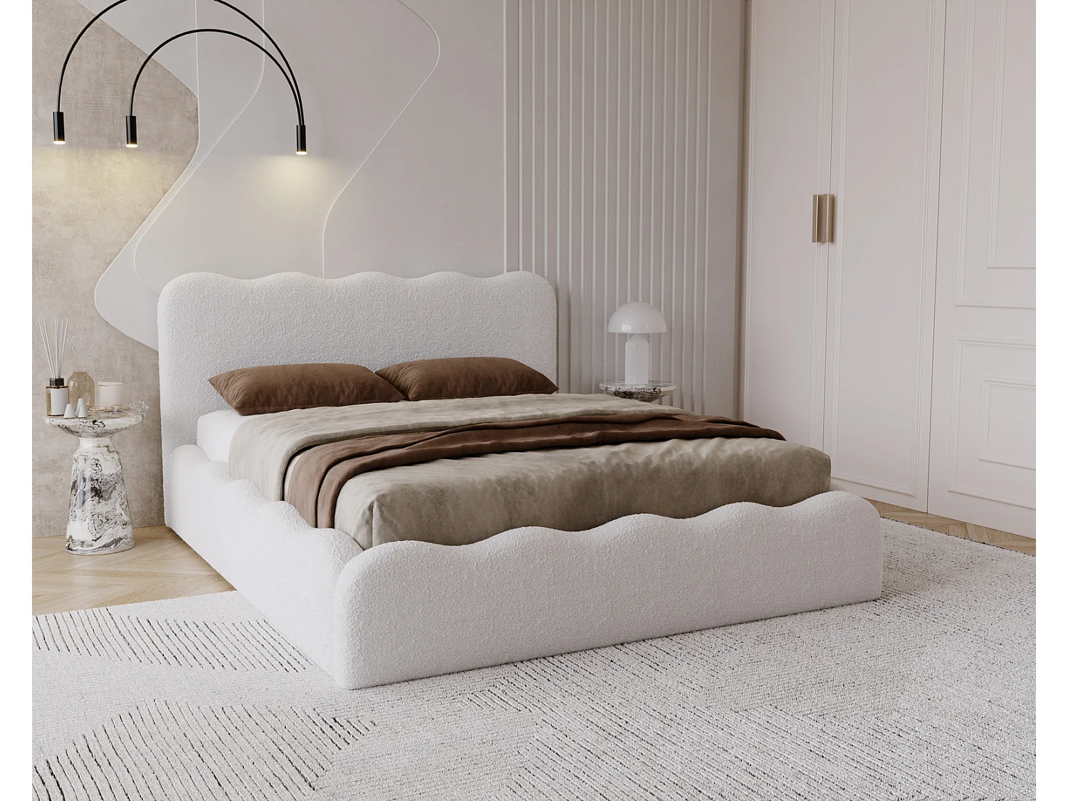 Emporius Polsterbett 140x200 Wave - Doppelbett mit Lattenrost, Bettkasten - Bouclé Creme (Anthology 1)