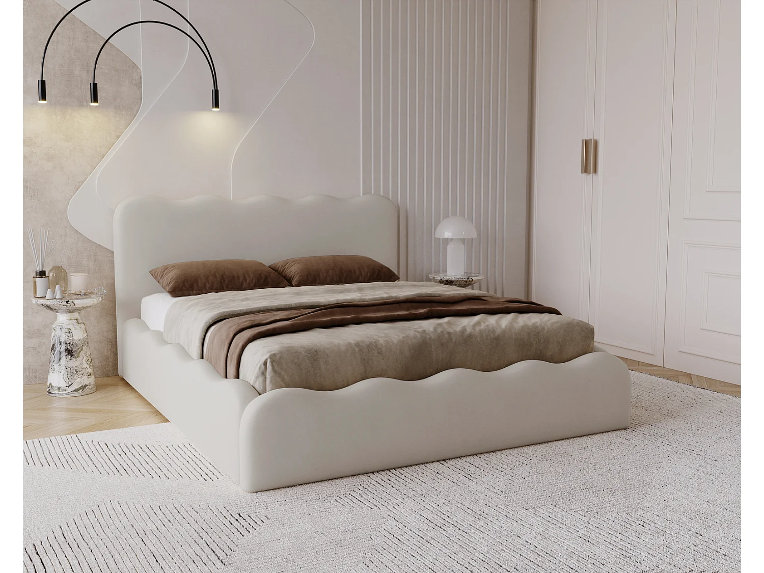 Emporius Lit avec Rangement, Lit double 140 x 200 cm Wave, Lit Crème (Elegance 1)