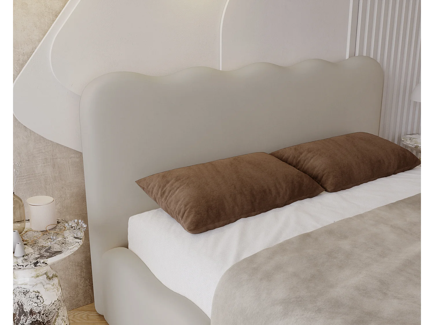 Emporius Gestoffeerd bed 140x200 cm Wave, bed met opbergruimte - fluwelen Crème (Elegance 1)