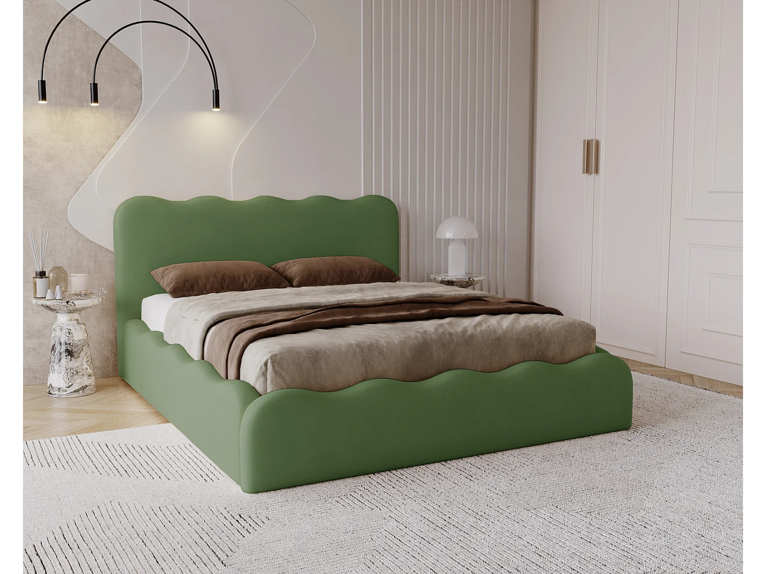 Emporius Lit avec Rangement, Lit double 160 x 200 cm Wave, Lit Vert (Elegance 10)