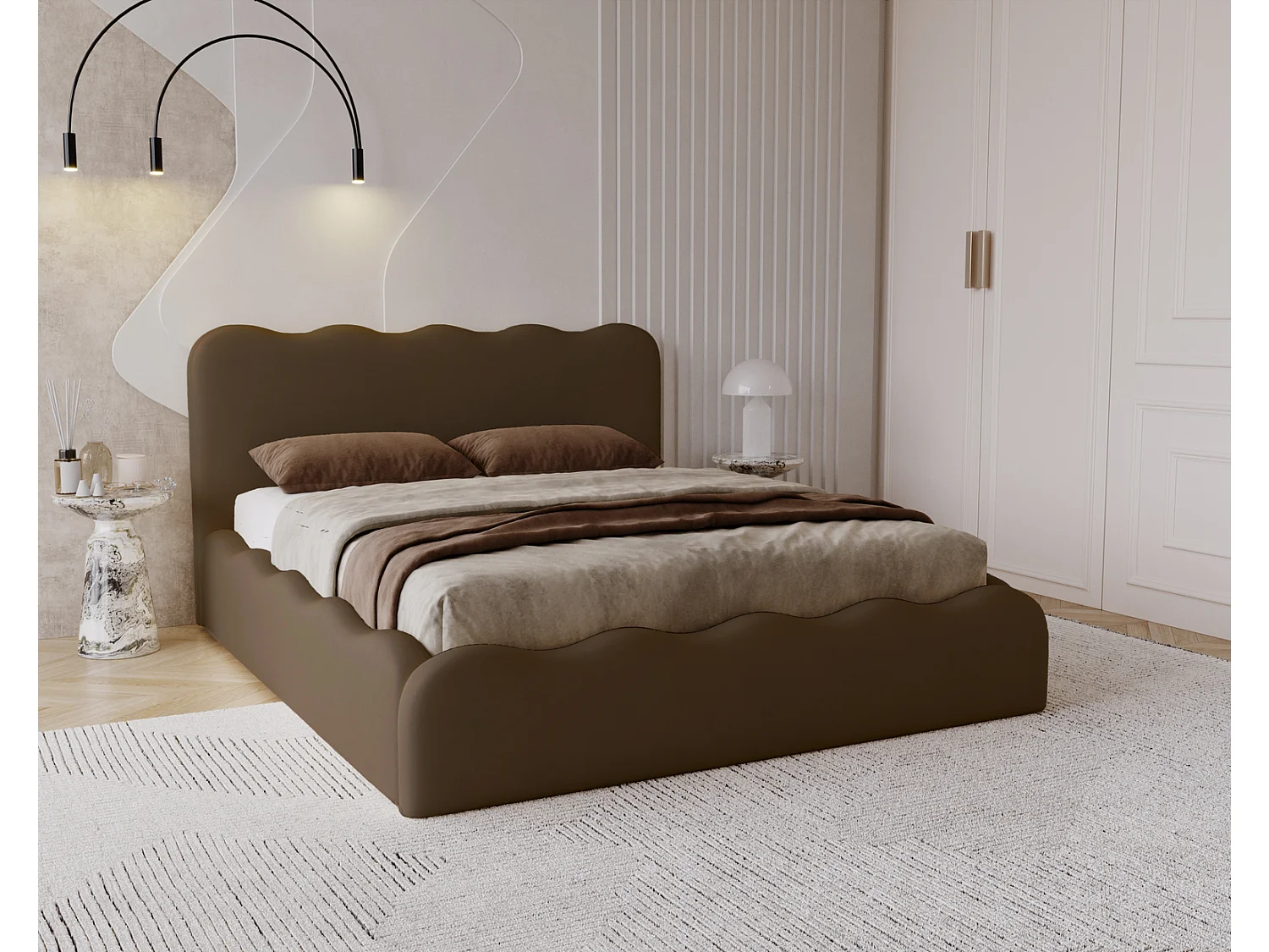 Emporius Gestoffeerd bed 200x200 cm Wave, bed met opbergruimte - fluwelen Donkerbruin (Elegance 6)