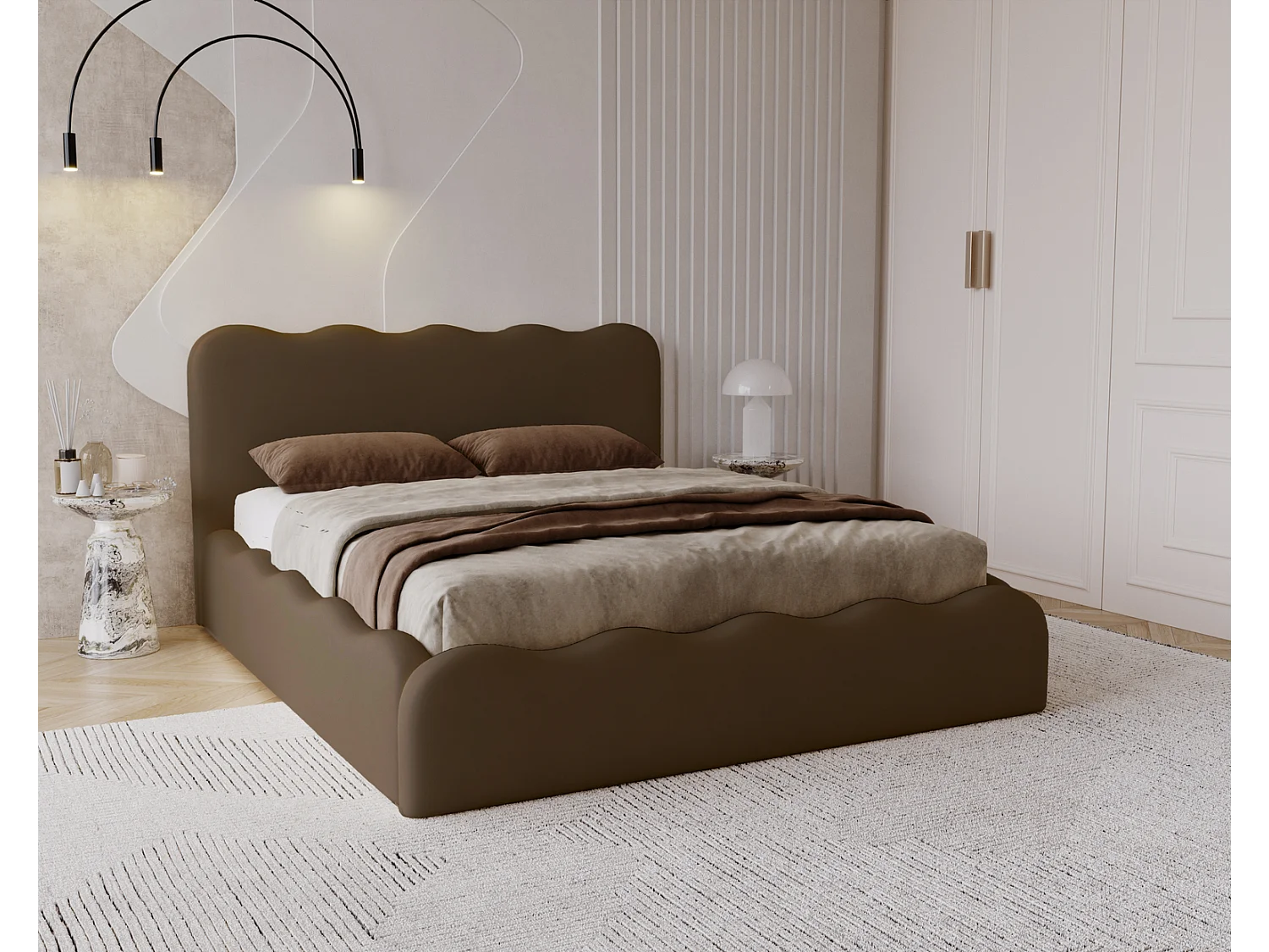 Emporius Gestoffeerd bed 200x200 cm Wave, bed met opbergruimte - fluwelen Donkerbruin (Elegance 6)