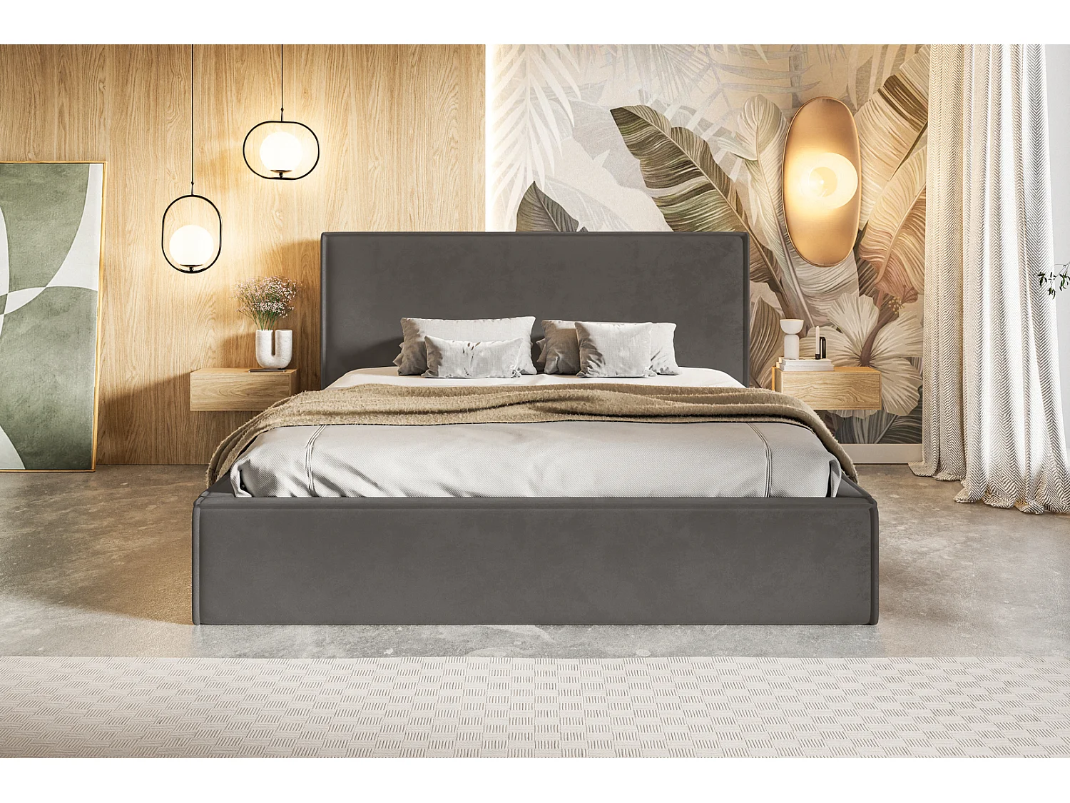 Emporius Lit coffre 140 x 200 Kyoto - Lit adulte avec Sommier à Lattes - lit avec tissu Velvet Gris foncé (Amor Velvet 4321)