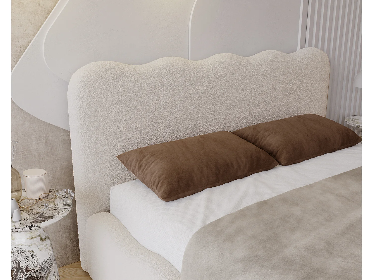 Emporius Lit avec Rangement, Lit double 200 x 200 cm Wave, Lit bouclé Beige (Anthology 3)